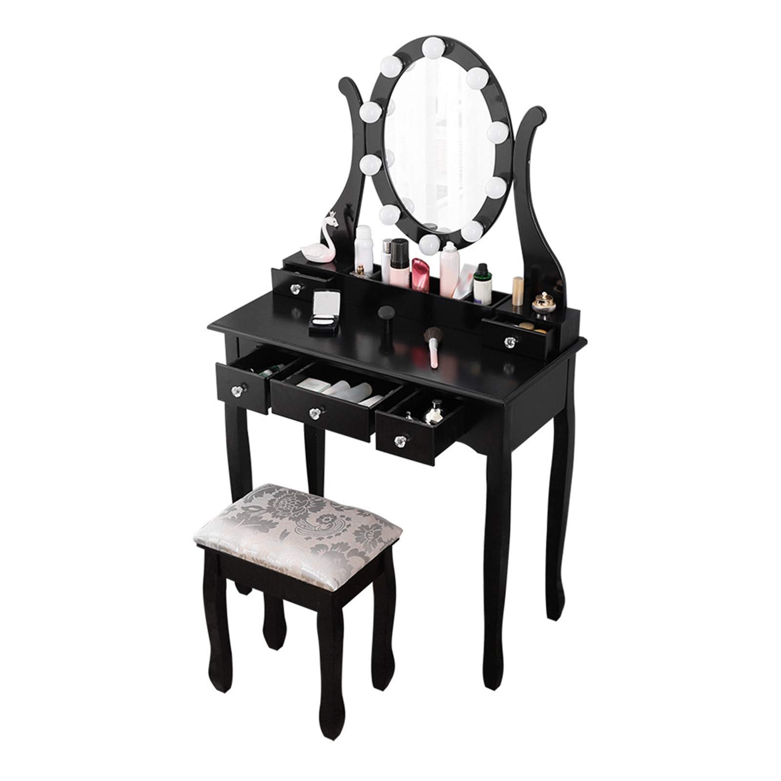 Vanity Table Set with LED Lighted Mirror & Cushioned Stool - Large Tri-Fold Makeup Vanity Desk with 5 Drawers, Dressing Table Organizer for Women & Girls (Black) - Perfect for Bedroom, Dorm Room & Beauty Salon Makeup Application