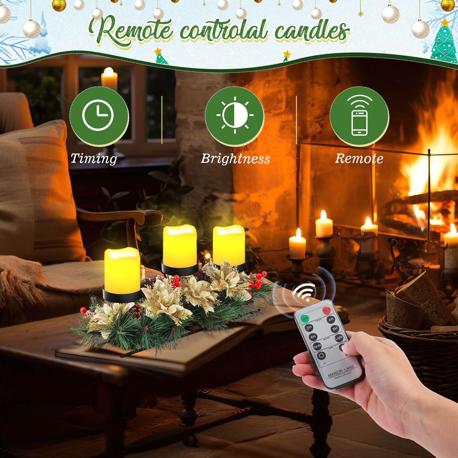 17 Inch Gold Artificial Christmas Candle Holder Centerpiece with 3 Ivory White Flameless Flickering Candles - Remote Control & Timer - Holiday Table Decor for Christmas Party, Dining Room, Fireplace Mantel