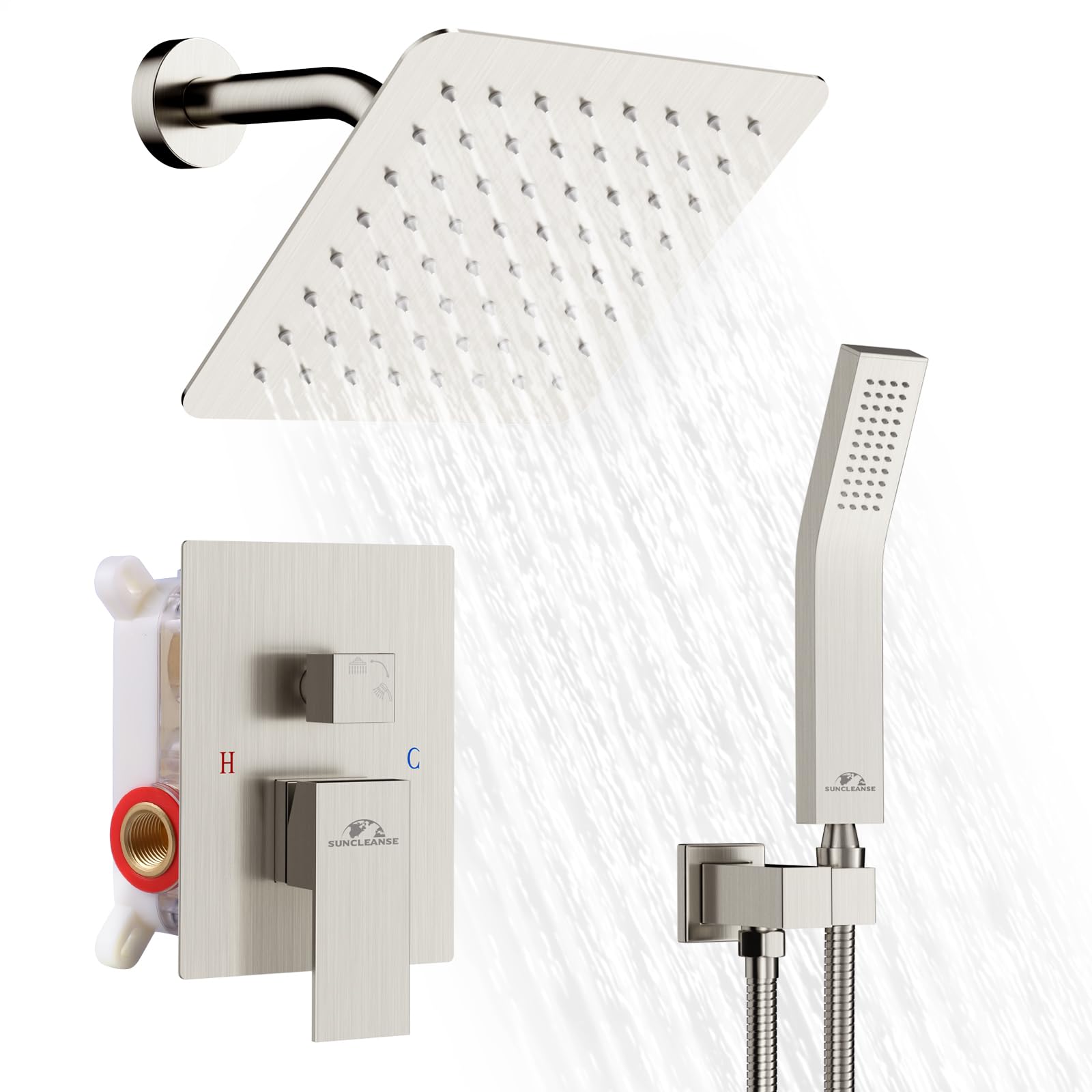 8 Inch Rainfall Shower System Set - Brushed Nickel Wall Mounted Shower Faucet with Handheld Spray & Trim - Perfect for Modern Bathrooms & Spa-Like Experience
