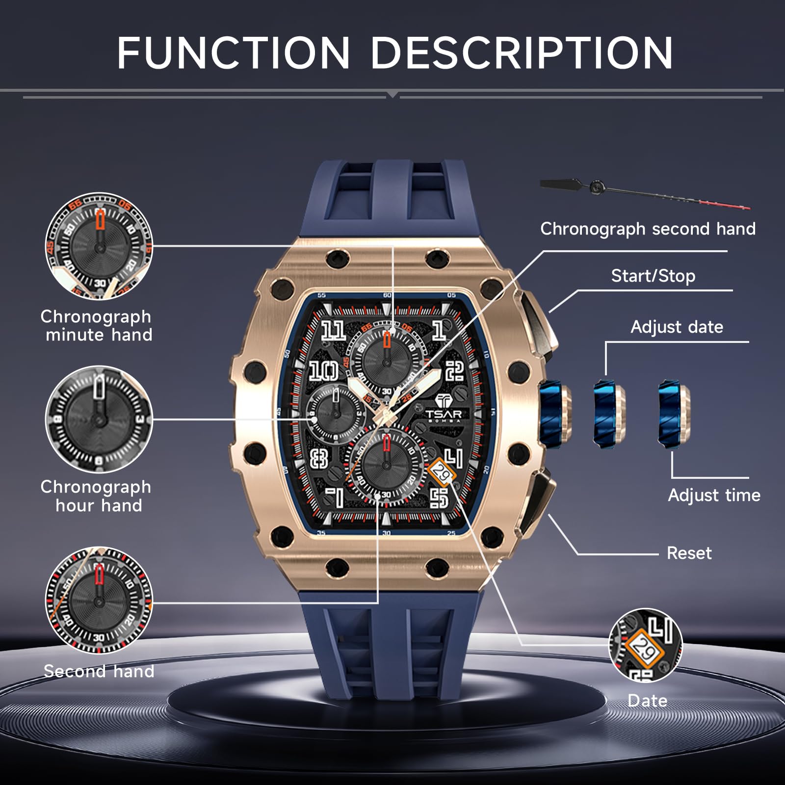 TSAR BOMBA Luxury Men's Watch - 50M Waterproof Tonneau Chronograph with Japanese Quartz Movement & Silicone Band - Perfect for Business, Casual Wear & Gifts for Men