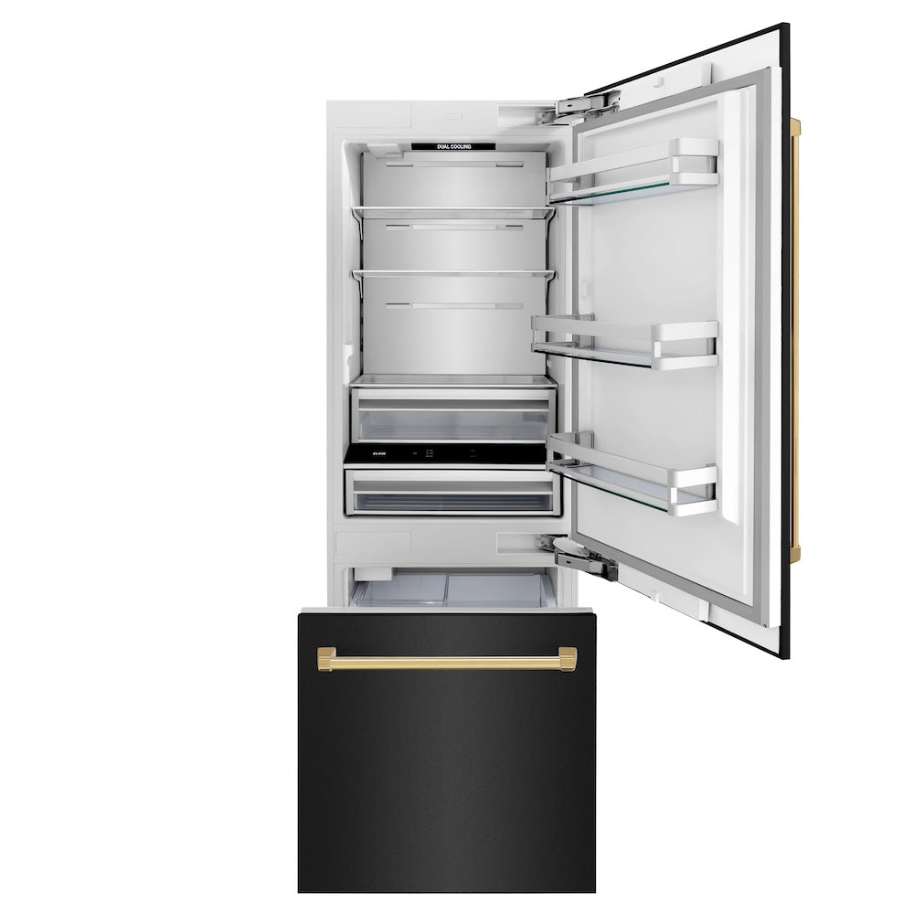 ZLINE Autograph Edition 30-Inch Built-In Bottom Freezer Refrigerator - 16.1 cu. ft. Capacity, Black Stainless Steel with Polished Gold Accents, Water Dispenser & Ice Maker - Perfect for Modern Kitchens & Luxury Homes (RBIVZ BS 30 G)