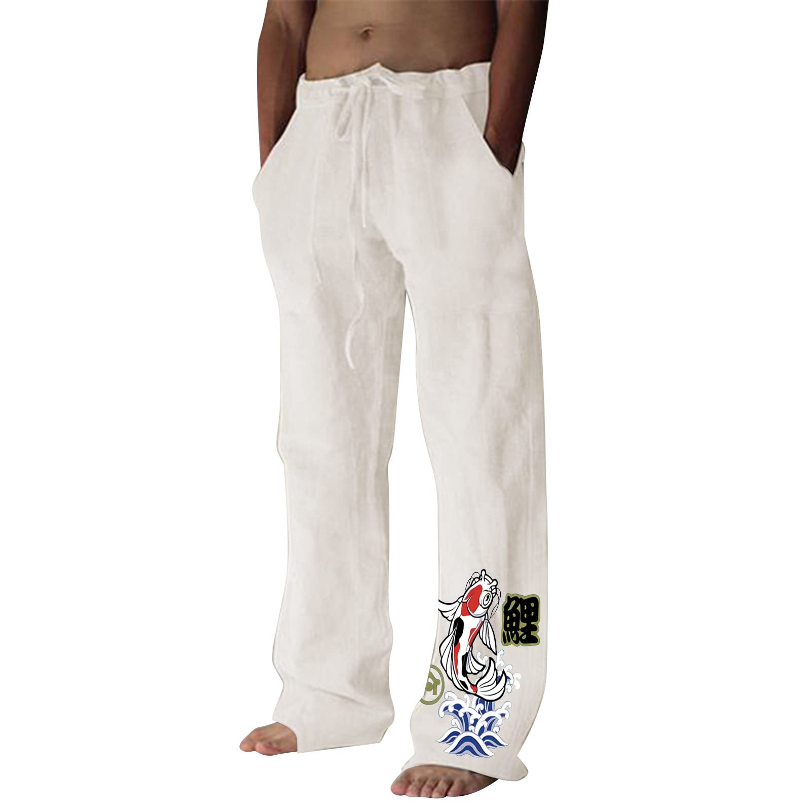 **Men's Linen Trousers - Lightweight High Waist Wide Leg Yoga Pants with Pockets - Comfortable Baggy Home Pants for Relaxation, Lounge & Travel**