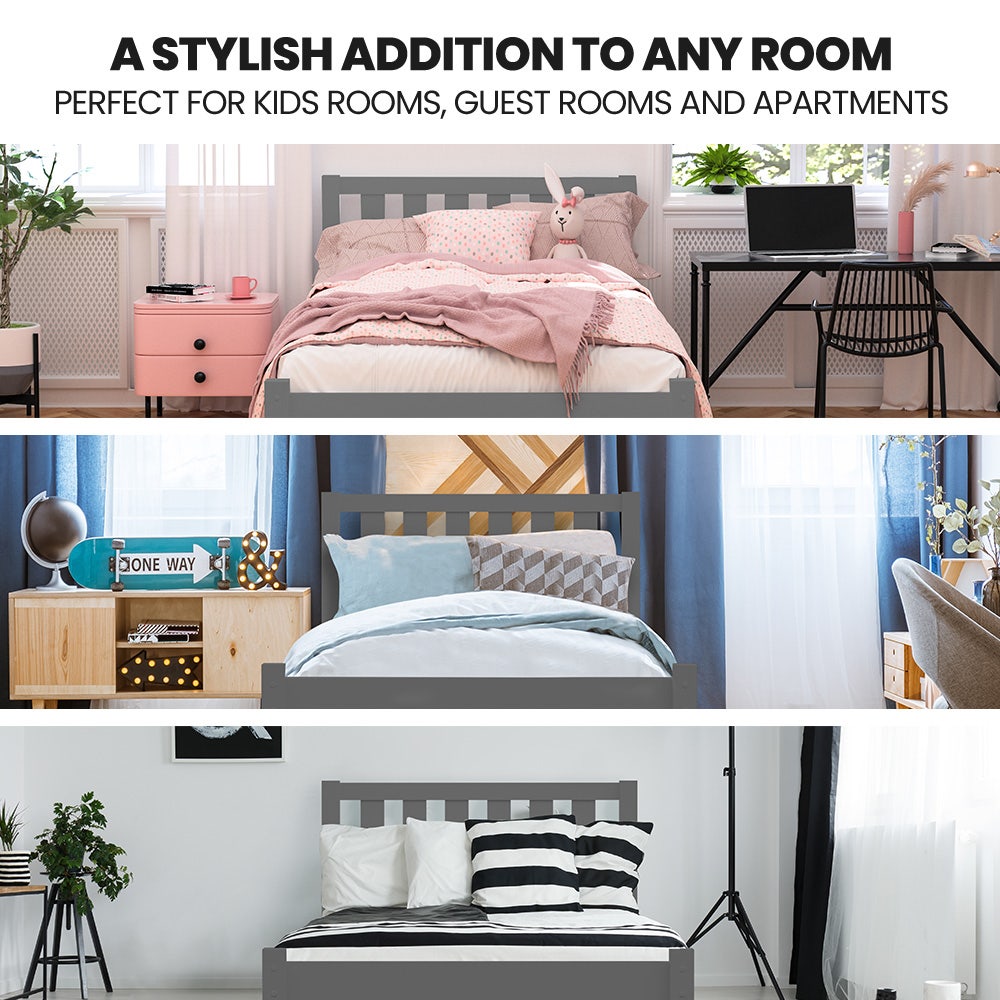 Kids King Single Wooden Timber Bed Frame - Grey | Sturdy & Safe for Children's Bedroom | Perfect for Toddlers, Kids & Teens