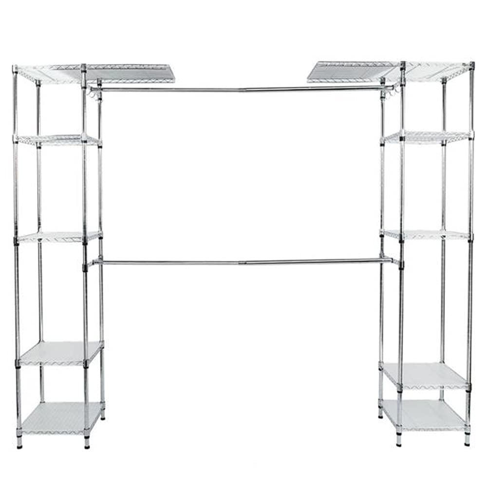 Expandable Metal Hanging Storage Organizer Rack - Adjustable Wardrobe Shelves System for Closet Organization | Free Standing Closet Organizer Kit | Perfect for Bedroom, Closet, Laundry Room & Dorm Storage Solutions