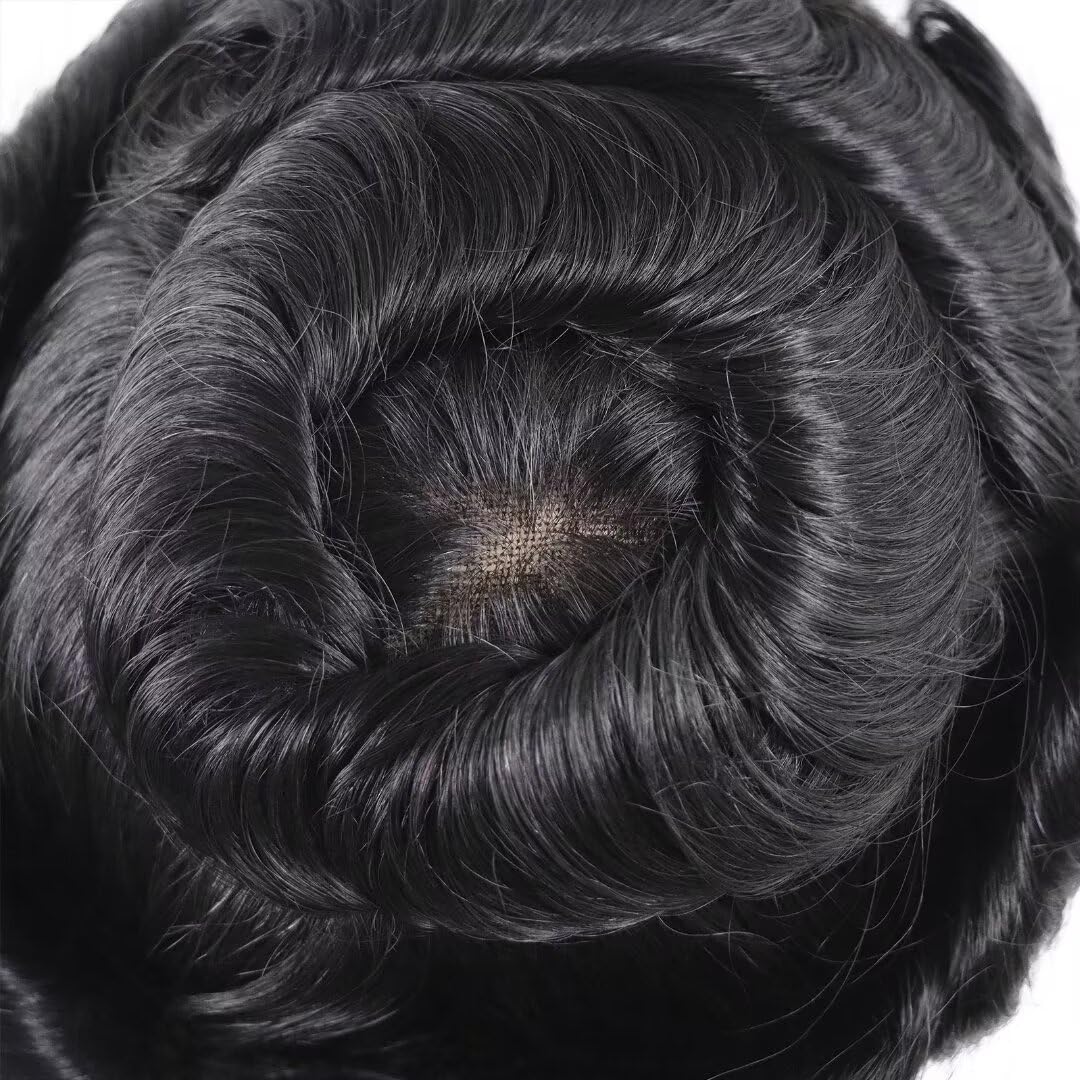 Men's Real Human Hair Toupee - Breathable Thin Skin Swiss Lace Hair Replacement System (8x10inch, #1B Off Black) | Medium Light Density Hairpiece for Natural Look | Perfect for Daily Wear, Special Occasions & Hair Loss Solutions