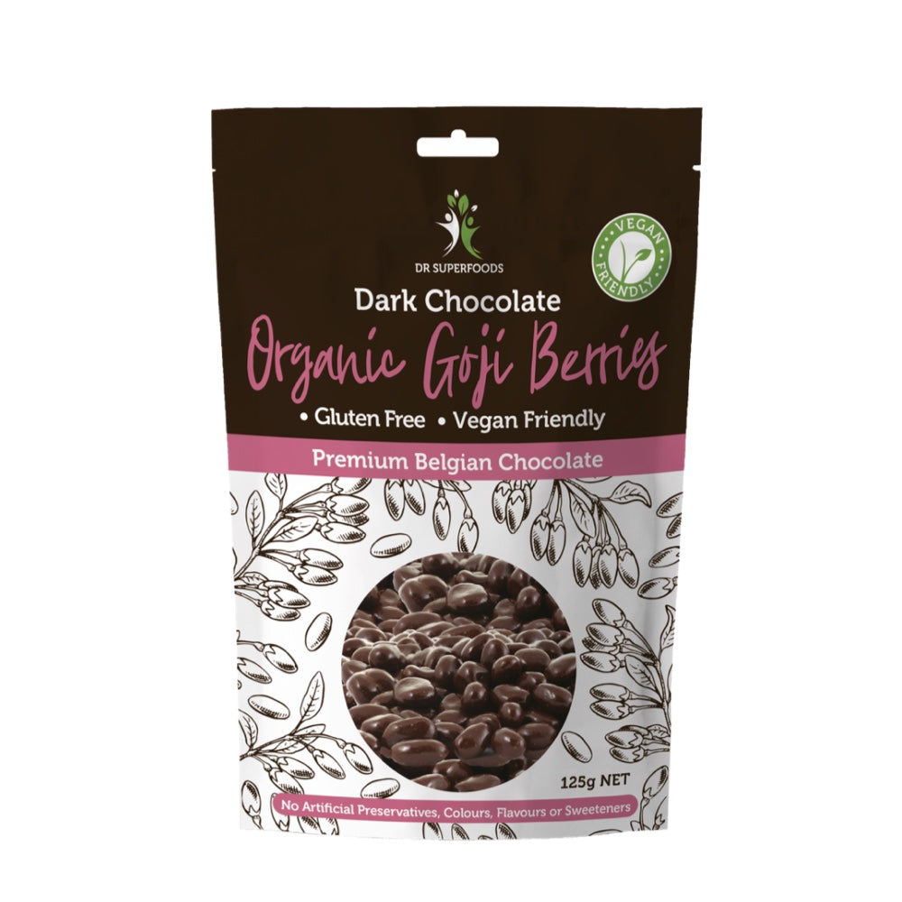 Organic Goji Berries Dark Chocolate 125g by DR SUPERFOODS - Antioxidant-Rich Superfood Snack for Energy Boost & Healthy Lifestyle - Perfect for Baking, Smoothies & Healthy Desserts