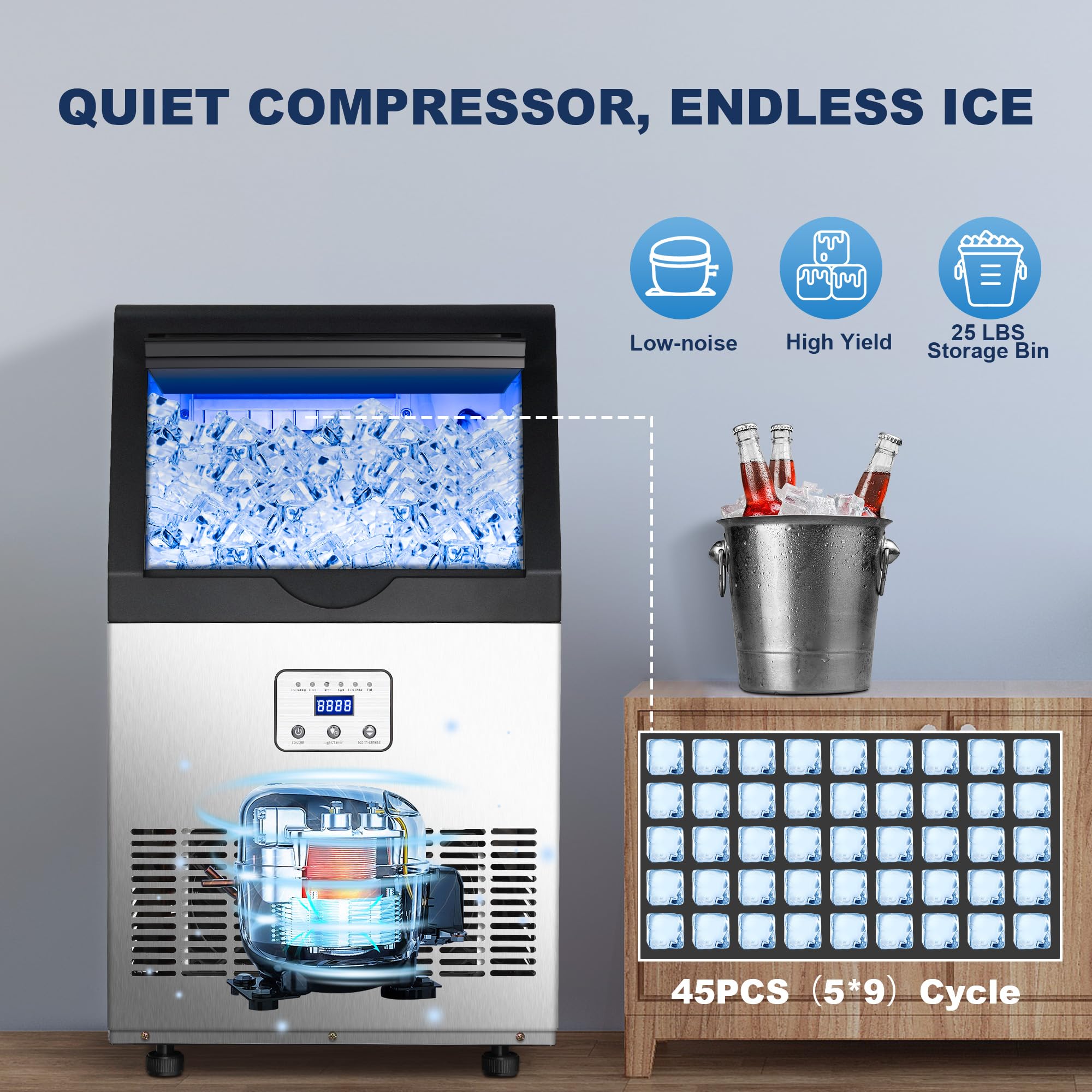 Commercial Ice Maker Machine - 110LBS/24H Stainless Steel Ice Maker with 25LBS Capacity, Produces 45 Ice Cubes in 12-15 Minutes, Self-Cleaning Function - Perfect for Restaurants, Bars, Home Kitchen, Office & Outdoor Parties (Includes Scoop)
