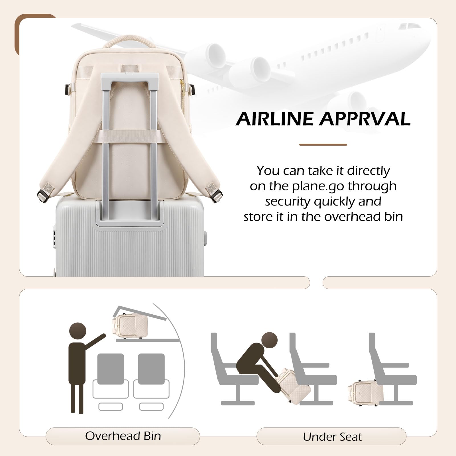 Large Travel Backpack for Women & Men - 36L Lightweight Waterproof Carry On Backpack Fits 15.6 Inch Laptop, Perfect for College, Work, Hiking & Daily Commute - Beige