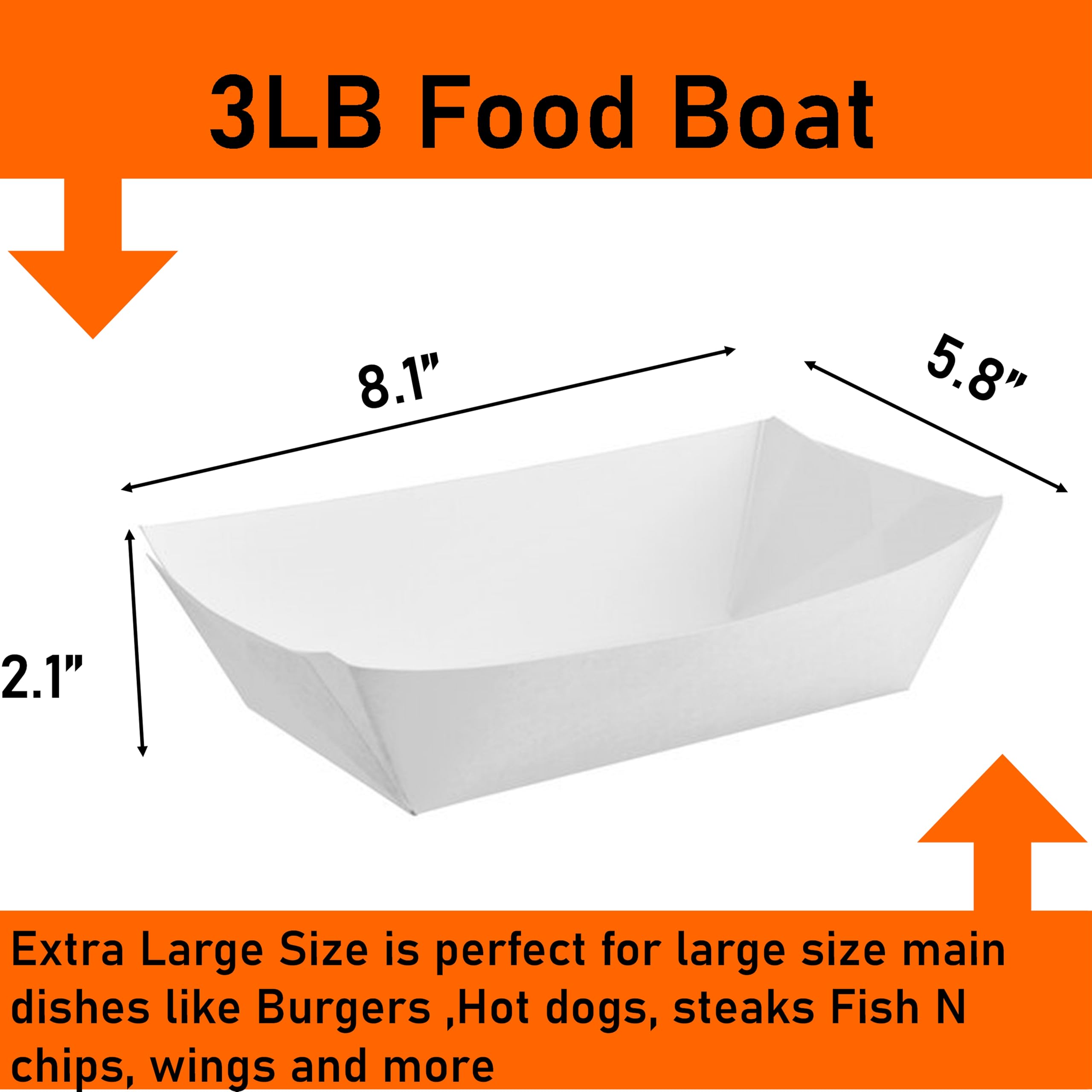 Disposable White Paper Food Trays - 100 Pack (3LB Capacity) | Recyclable Serving Boats for Condiments, Snacks & Concession Food | Grease Resistant | Perfect for Parties, Picnics & Food Service Businesses