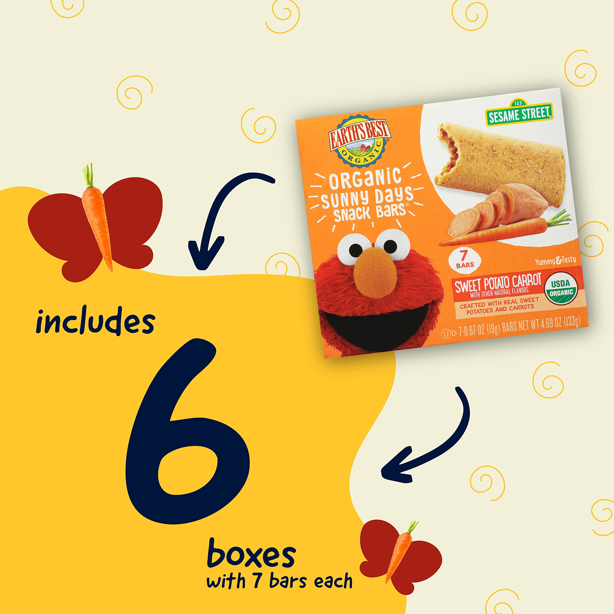 Organic Sesame Street Toddler Snack Bars - Sweet Potato & Carrot Flavored | Earth's Best Kids Snacks for Ages 2+ | 7 Bars per Box (Pack of 6) | Healthy On-the-Go Snack for Preschool, Travel & Lunchboxes