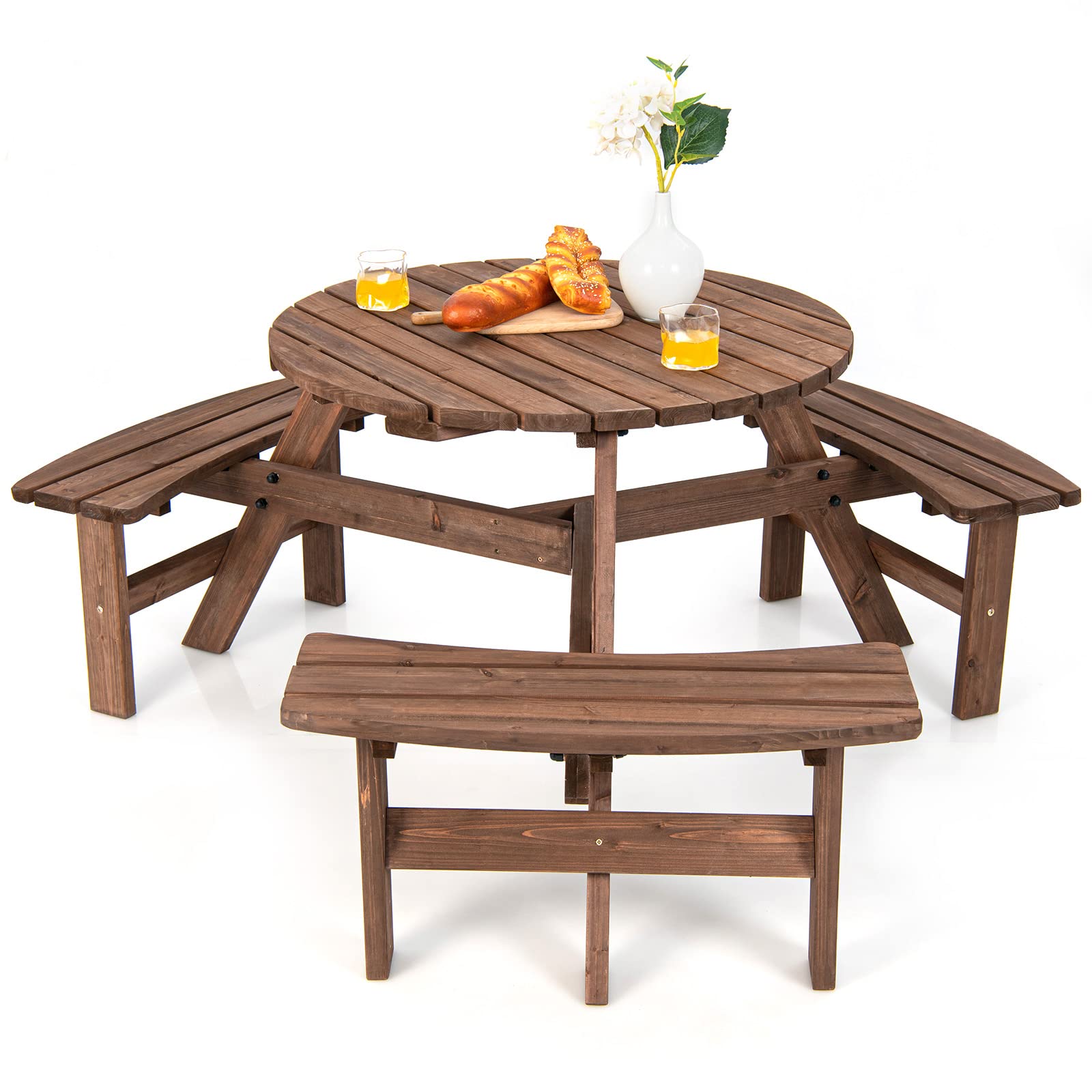 Tangkula 6-Person Outdoor Wooden Picnic Table Set with 3 Built-in Benches & Umbrella Hole - 500lbs Capacity per Bench - Perfect for Garden, Backyard, Patio, Park, and Camping