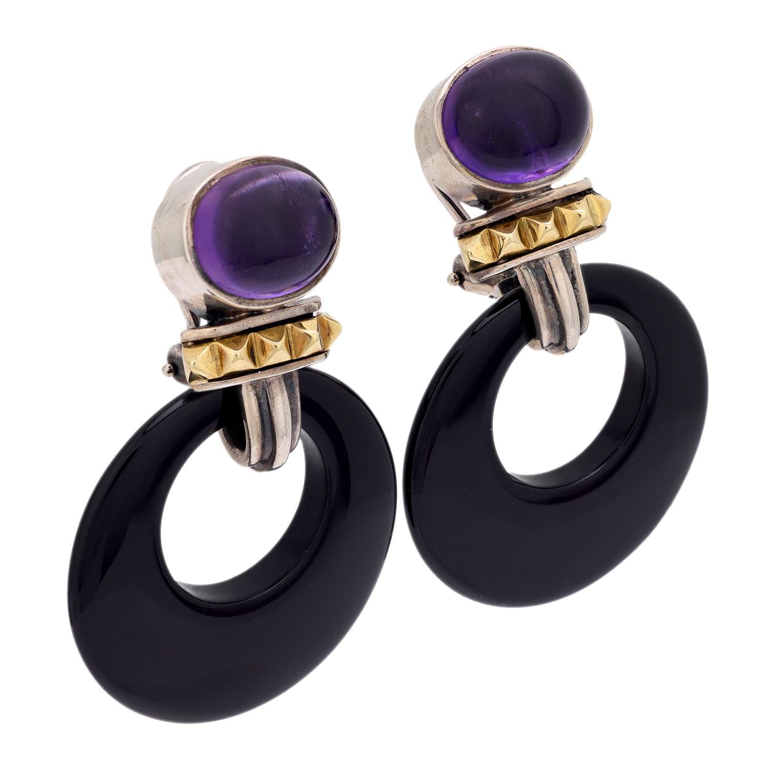 LAGOS Estate 18k Gold & Sterling Silver Amethyst Onyx Hoop Earrings for Women - Elegant Jewelry Gift for Birthday, Anniversary & Special Occasions