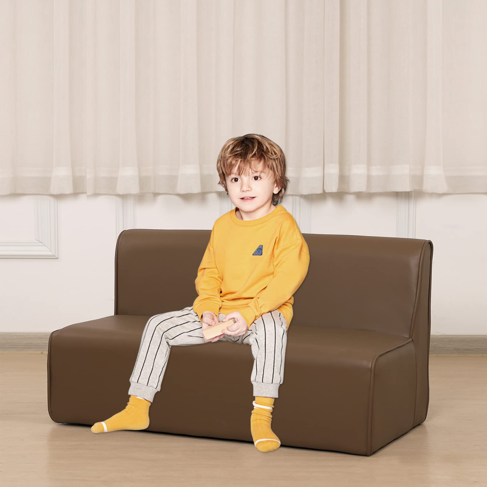 Getifun Kids Sofa Chair - 2-Seater Toddler Loveseat with PVC Upholstery, Soft Children's Couch for Boys & Girls (Brown) - Perfect for Playrooms, Bedrooms & Reading Nooks