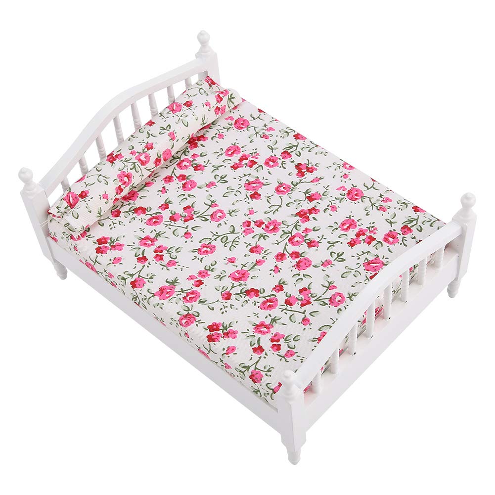 Keenso 1:12 Scale Dollhouse Miniature Bed - Wooden Double Bed for Dollhouse Furniture Accessories, Perfect for Barbie Dolls, American Girl Dolls & DIY Miniature Room Decor