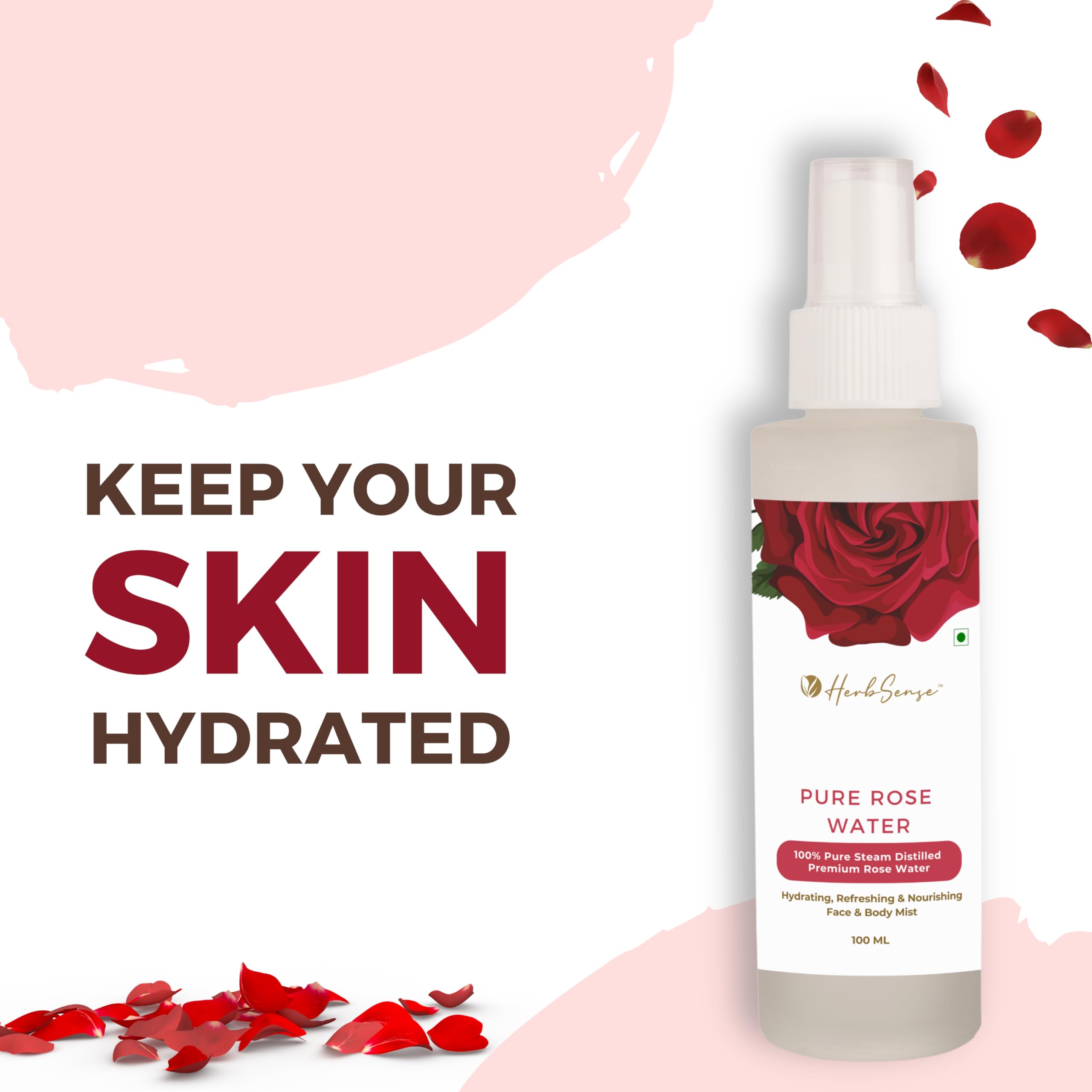 Herbsense Pure Rose Water (Gulab Jal) - 100% Natural Facial Toner for Glowing Skin | Alcohol-Free, Chemical-Free, Edible Grade | 100ml Glass Bottle | Perfect for Skincare Routine, Aromatherapy & Cooking