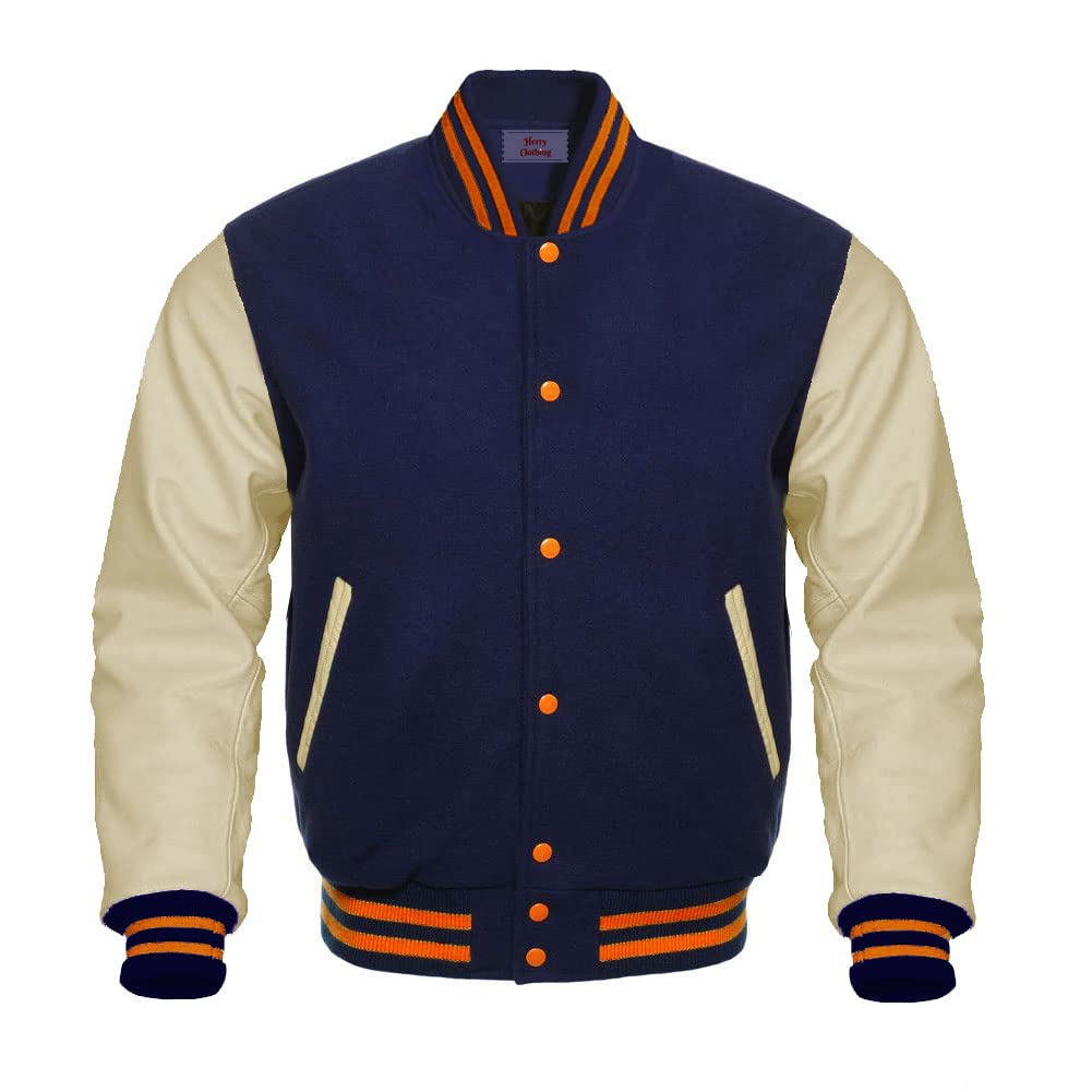 Men's Letterman Bomber Varsity Jacket with Genuine Leather Sleeves - 35 Color Options | Classic Baseball Style for Casual Wear & School Sports