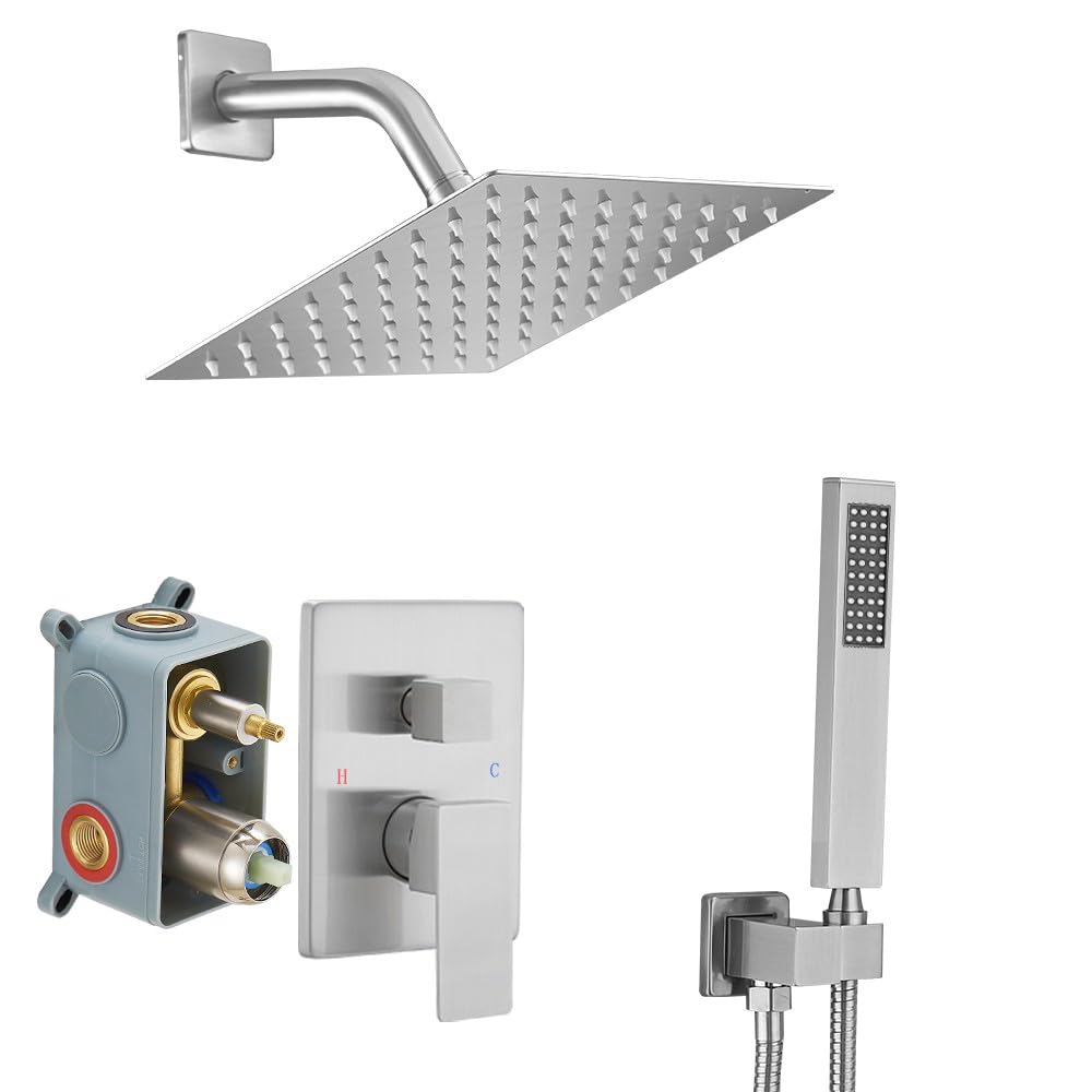 Brushed Nickel Rainfall Shower System - 8 Inch Wall Mounted Shower Head with Handle, Rough-in Valve & Trim Kit | Modern Bathroom Upgrade for Spa-Like Experience