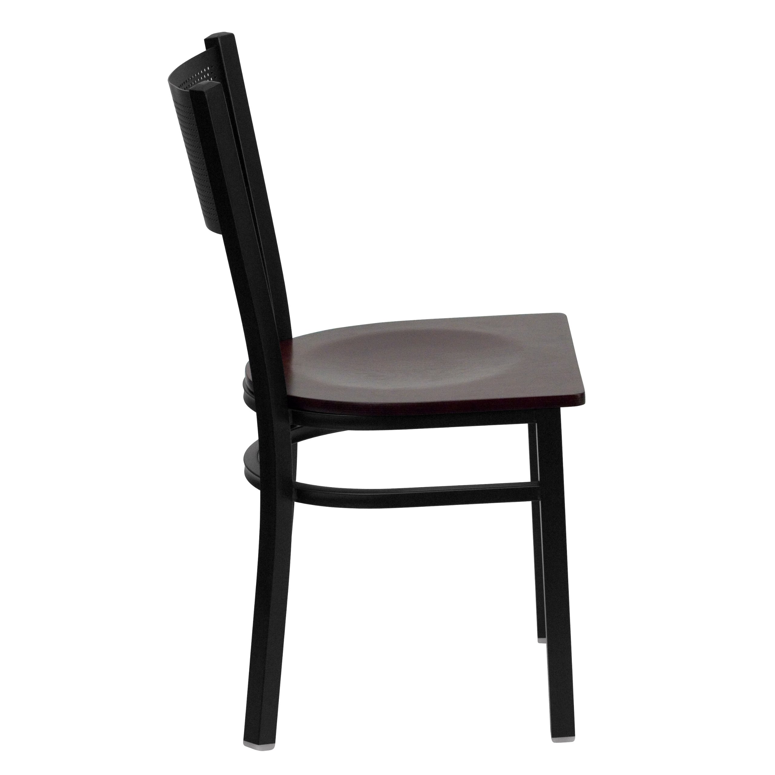 Black Grid Back Metal Restaurant Chair with Mahogany Wood Seat - Durable Commercial Dining Chairs for Cafes, Bistros, and Home Kitchens