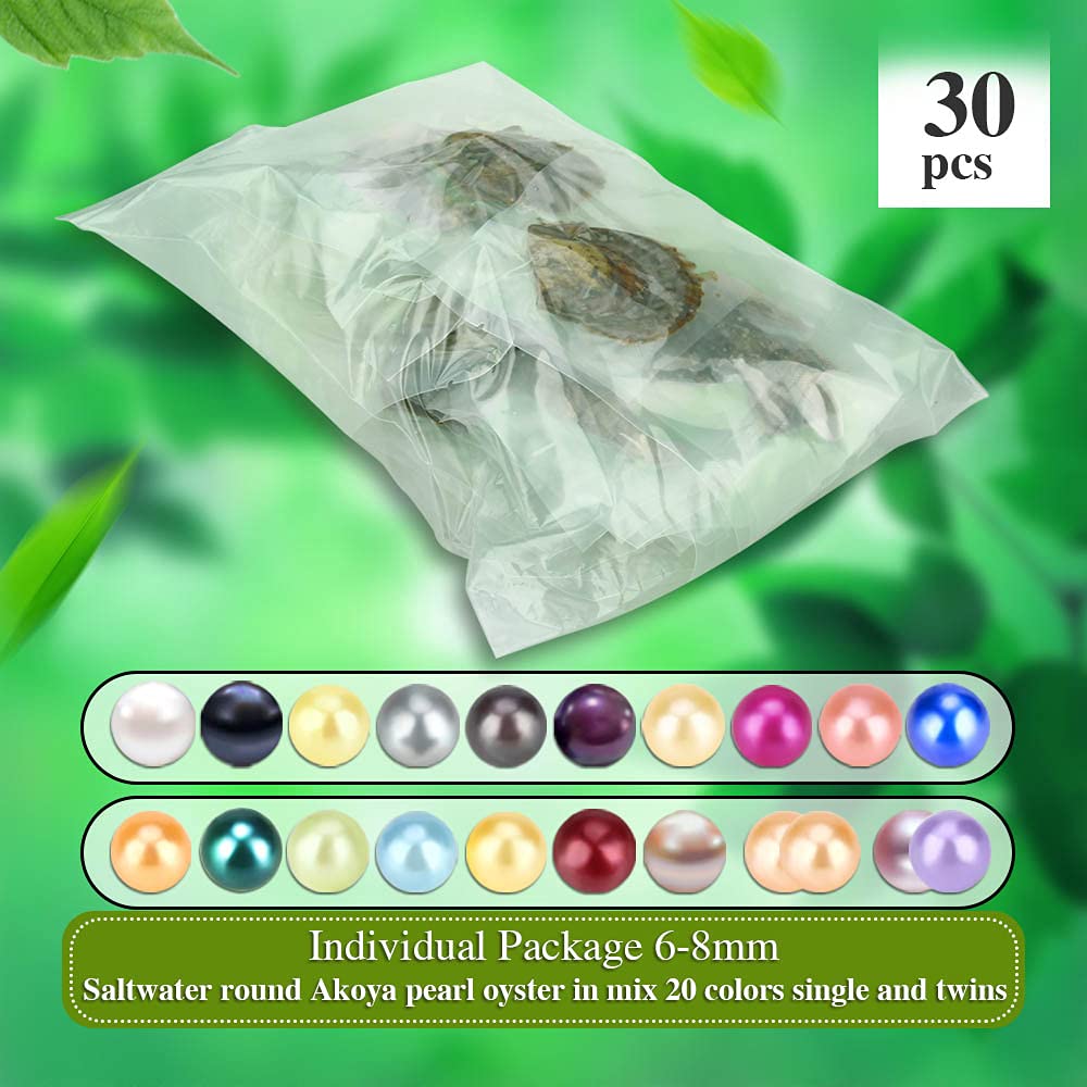 30PCS Akoya Pearl Oysters - Saltwater Cultured Pearls (6-8mm) with Single, Twins, Triplets & Quads for DIY Jewelry Making, Pearl Parties & Home Decor