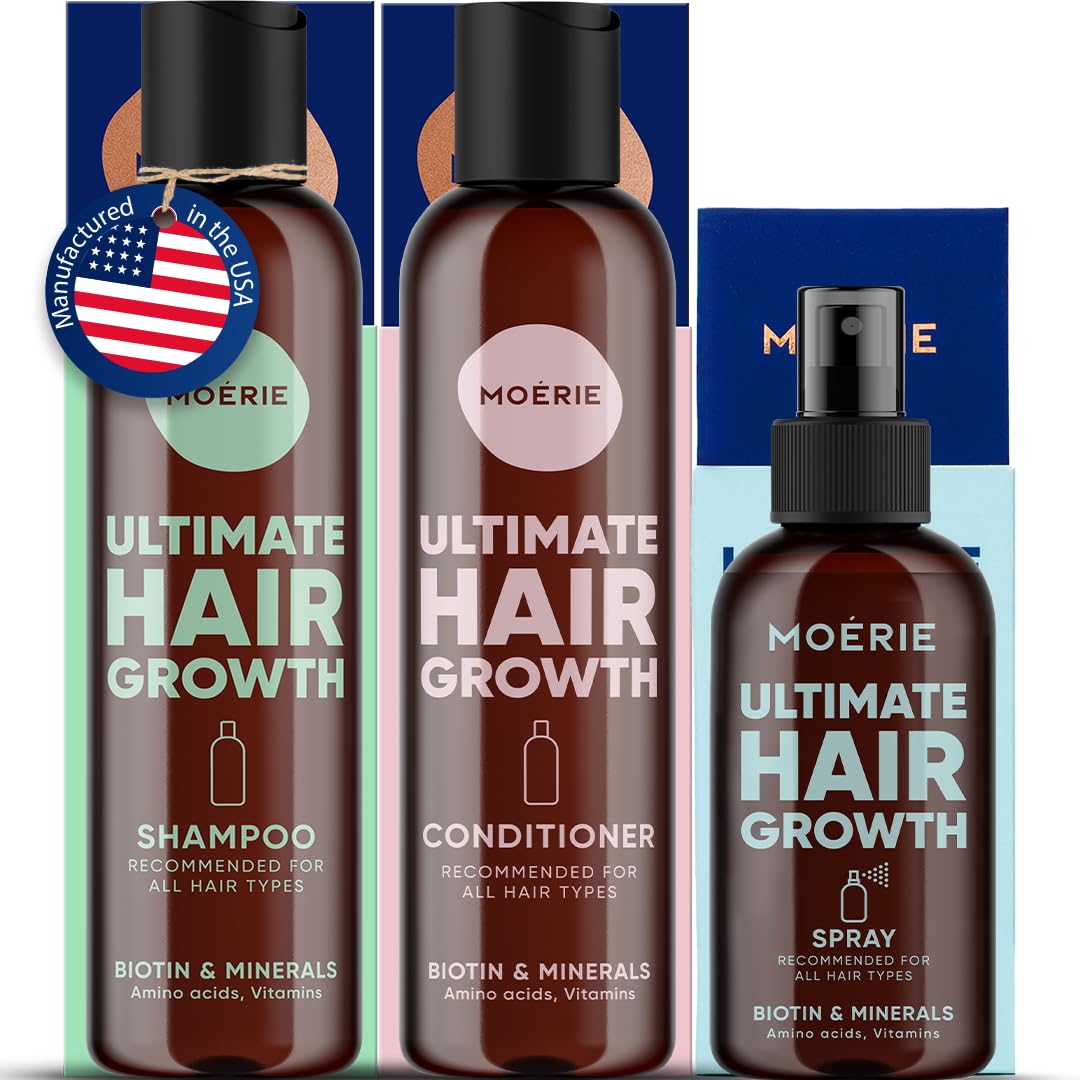 Moerie Mineral Shampoo and Conditioner Set with Hair Growth Spray - Natural Volumizing Hair Care for Longer, Thicker, Fuller Hair - Paraben & Silicone Free - 3 Piece Hair Treatment Kit for Daily Use at Home or Salon