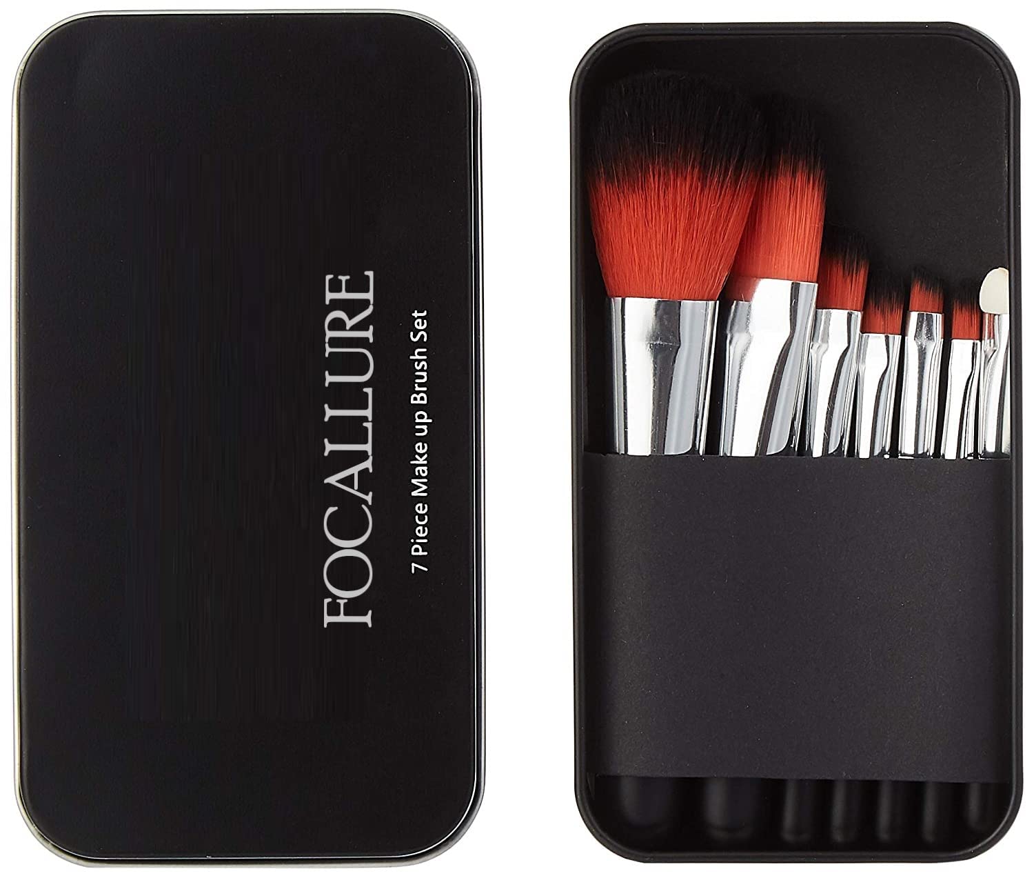 FOCALLURE Professional Makeup Brush Set - 7 Piece Black with Tin Box for Studio & Personal Use - Perfect for Foundation, Blending, Contouring & More