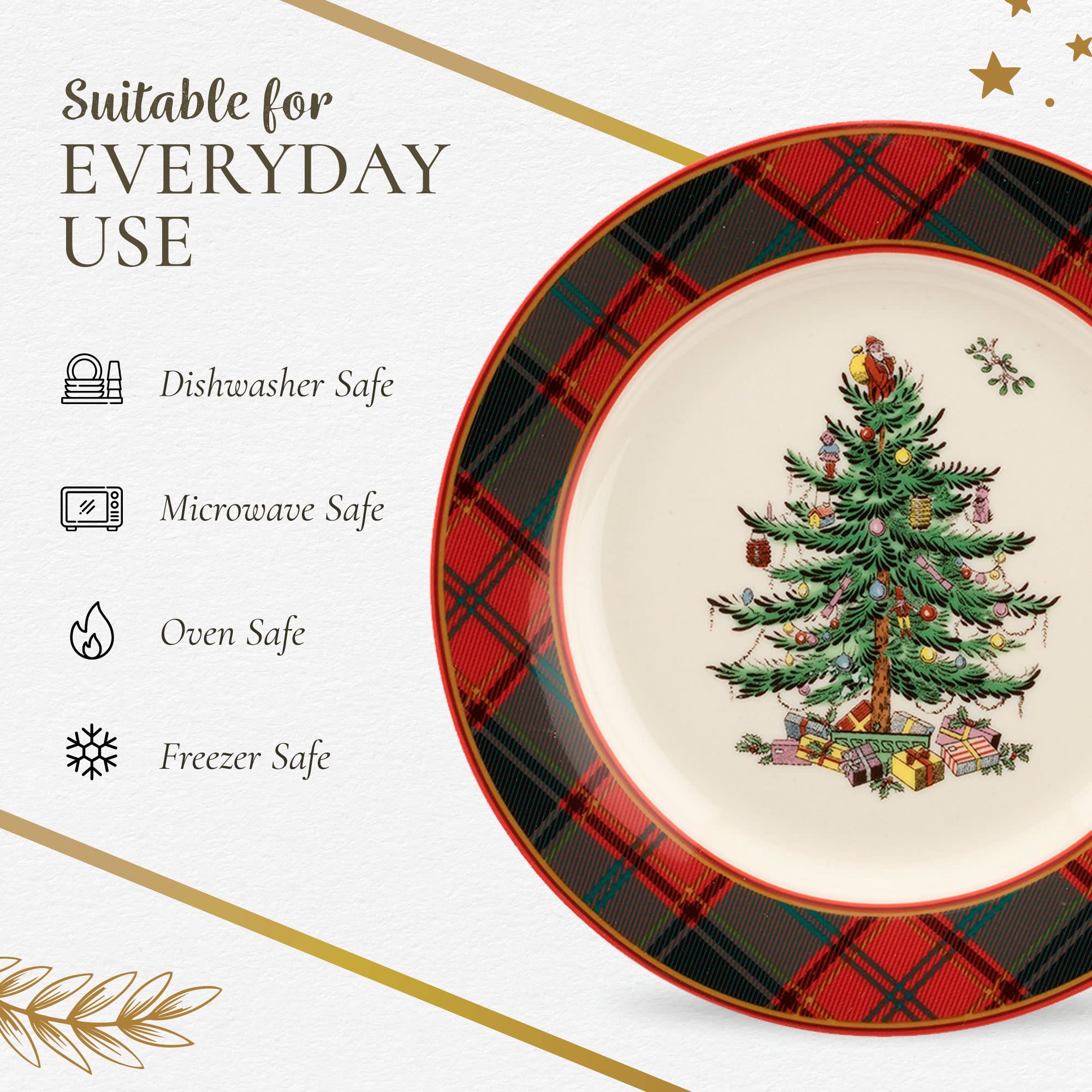 Spode Christmas Tree 16-Piece Tartan Dinnerware Set (Service for 4) - Festive Holiday Porcelain Tableware Collection with Plates, Bowls & Mugs - Microwave & Dishwasher Safe - Perfect for Christmas Dinners, Holiday Parties & Family Gatherings