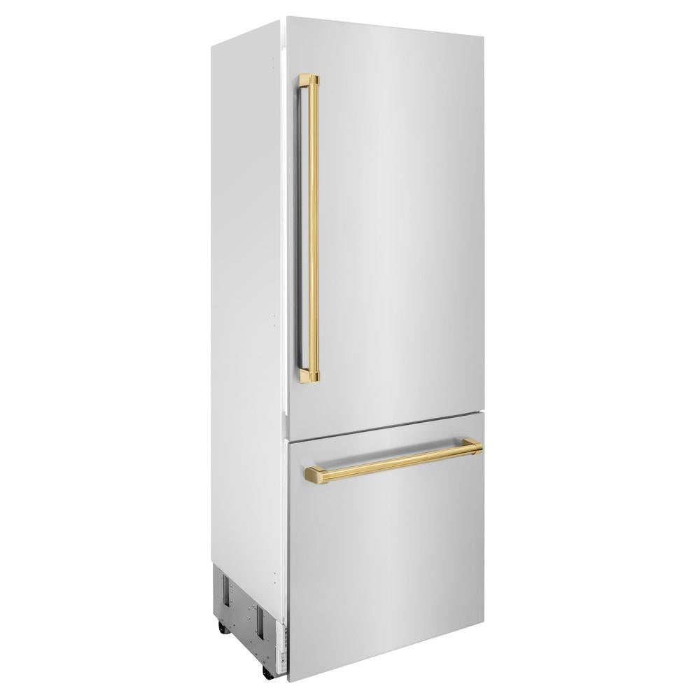 ZLINE Autograph Edition 30-inch 16.1 cu. ft. Built-In Bottom Freezer Refrigerator with Water Dispenser & Ice Maker - Stainless Steel with Polished Gold Accents (RBIVZ 304 30 G) - Perfect for Modern Kitchens & Luxury Homes