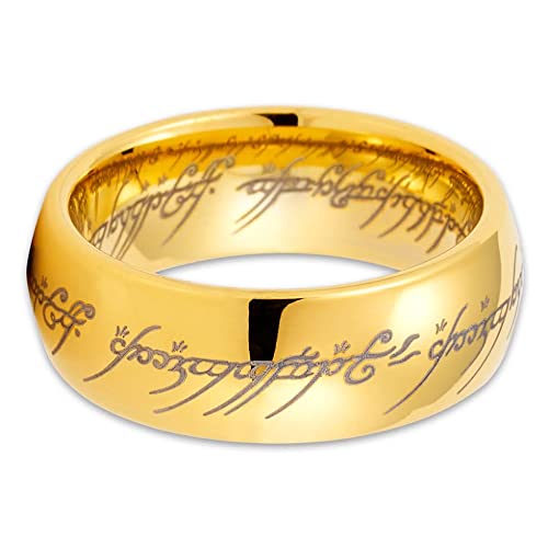 Yellow Gold Tungsten Wedding Ring for Men - Lord of The Rings Inspired Tungsten Carbide Band - Comfort Fit Anniversary & Engagement Ring - Perfect for Fans, Weddings & Special Occasions