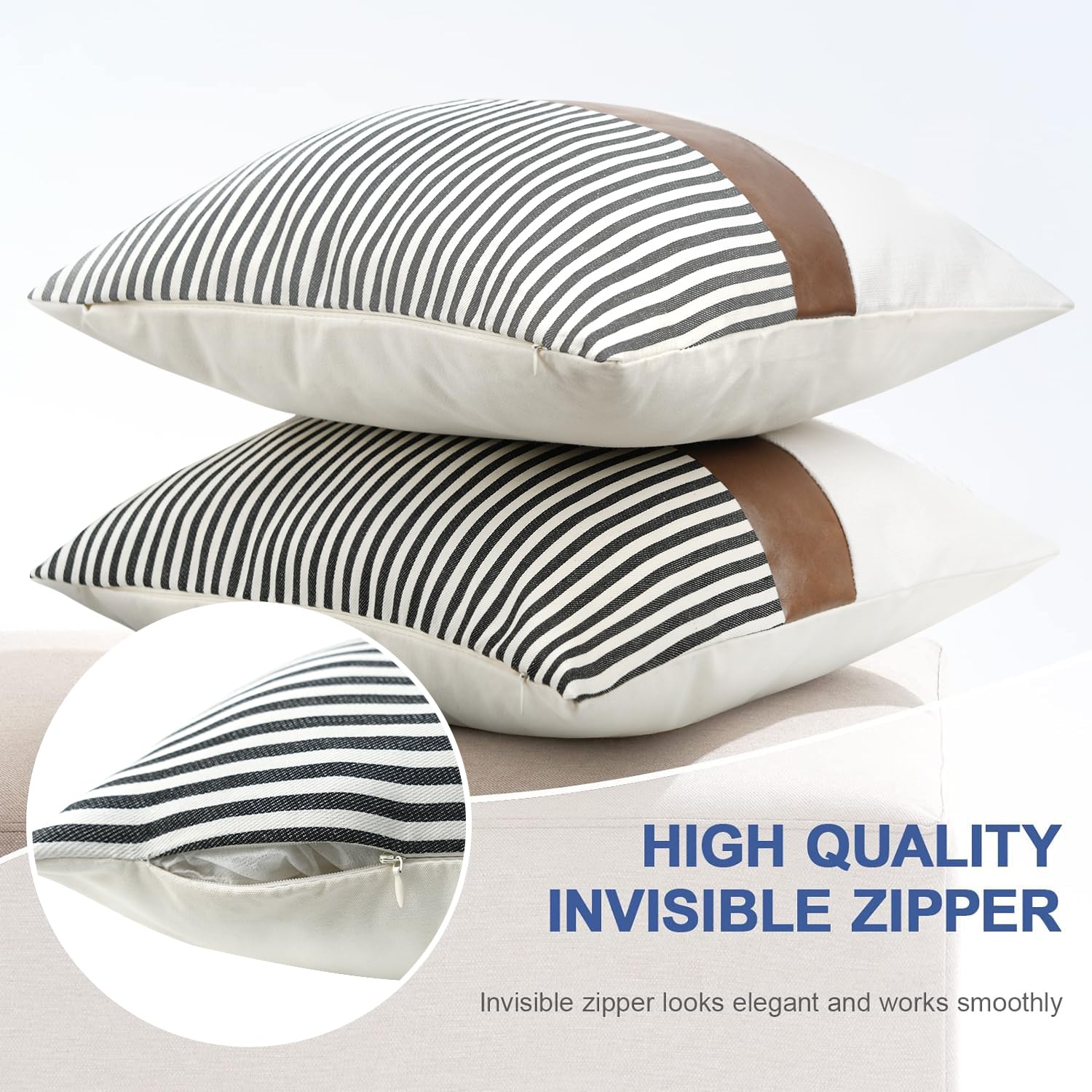Cygnus 16x16 Inch Pillow Covers Set of 2 - Farmhouse Decor Stripe Patchwork Linen Throw Pillow Covers with Faux Leather Accents - Navy Blue Sofa & Couch Pillow Covers for Living Room, Bedroom Decor