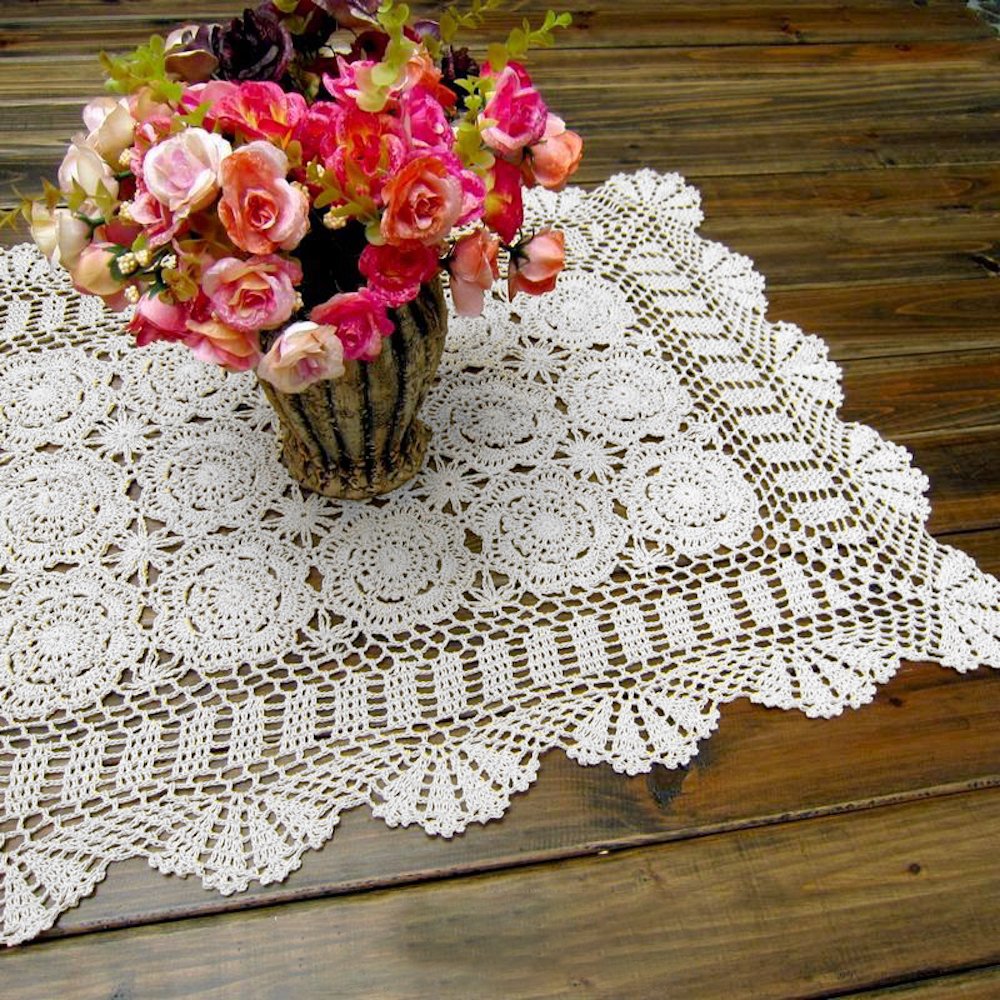 Handmade Cotton Crochet Lace Table Runner - 19x23 Inch White Rectangular Tablecloth for Dining Table, Dresser, or Wedding Decor | Elegant Doily & Home Decoration Scarf