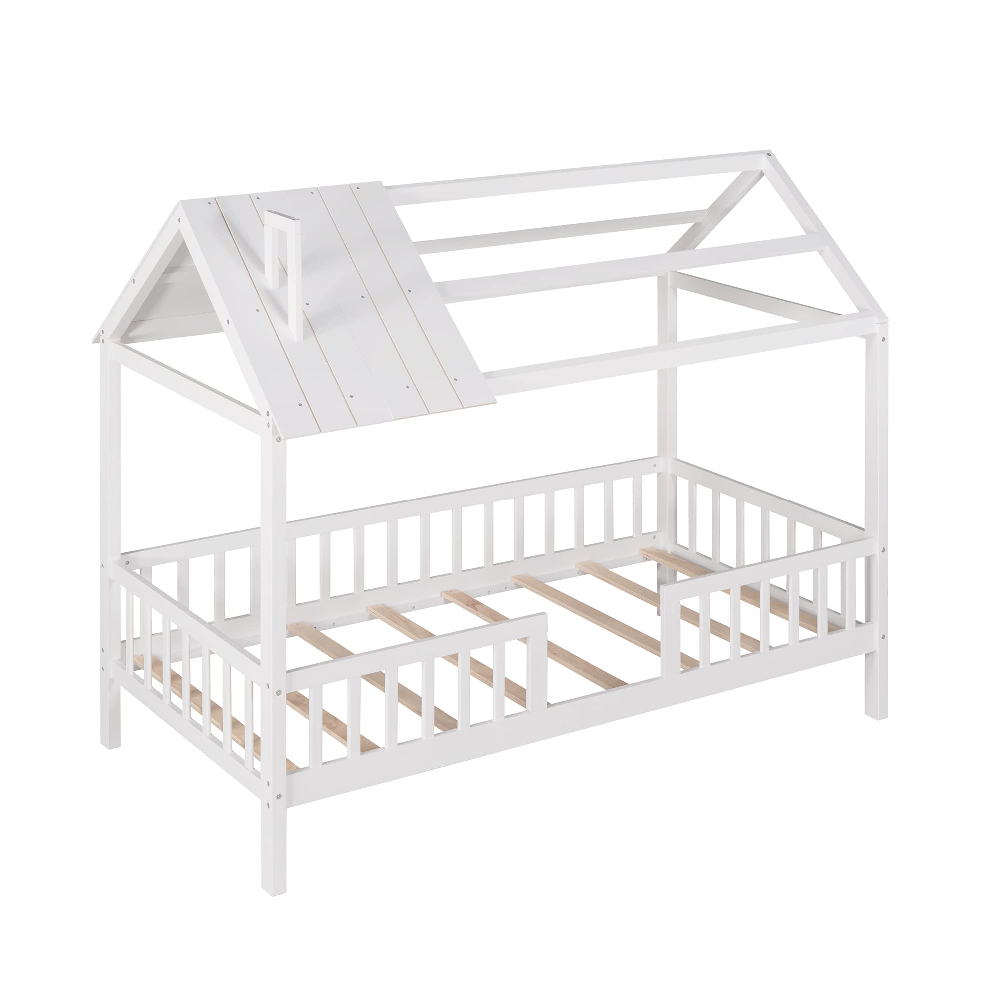 Merax Twin Size Wooden House Bed Frame with Fence & Roof - Space Saving Kids Bed for Small Rooms, No Box Spring Needed, White - Perfect for Children's Bedrooms, Playrooms & Cozy Sleep Spaces