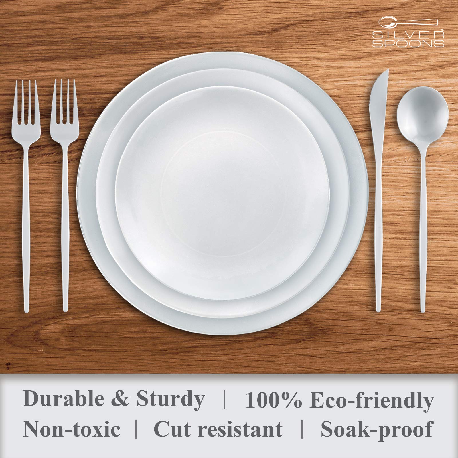 Silver Spoons Elegant Disposable Dinnerware Set - 312 Pieces (40 Dinner Plates, 40 Salad Plates, 40 Dessert Plates, 96 Forks, 48 Spoons, 48 Knives) in Opulence White - Perfect for Weddings, Parties & Special Events