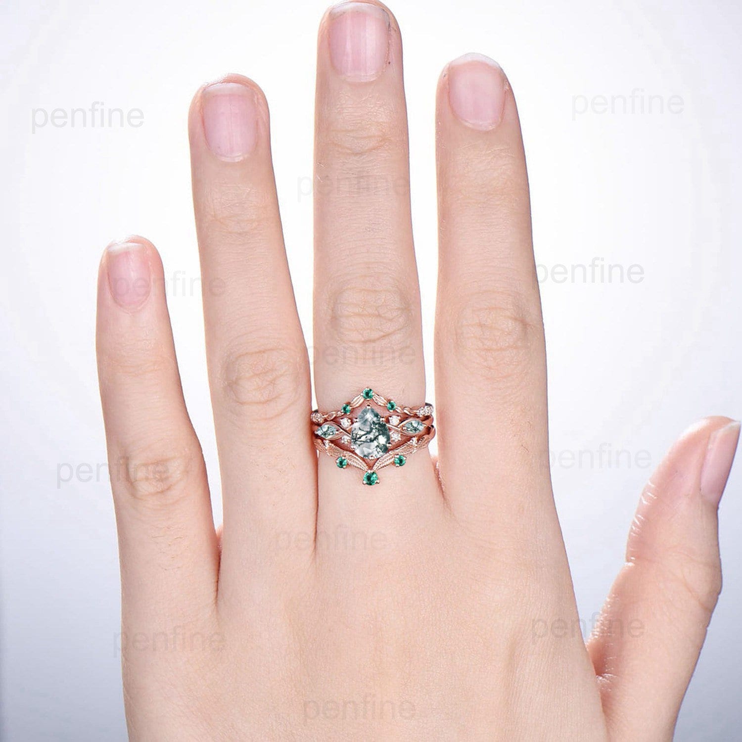 3pcs Moss Agate Ring Set - Pear Shaped Natural Green Agate Engagement Rings in Rose Gold with Leaf Vine Design for Women | Unique Marquise Wedding Band Set, Boho Jewelry Gift for Brides, Anniversary & Special Occasions