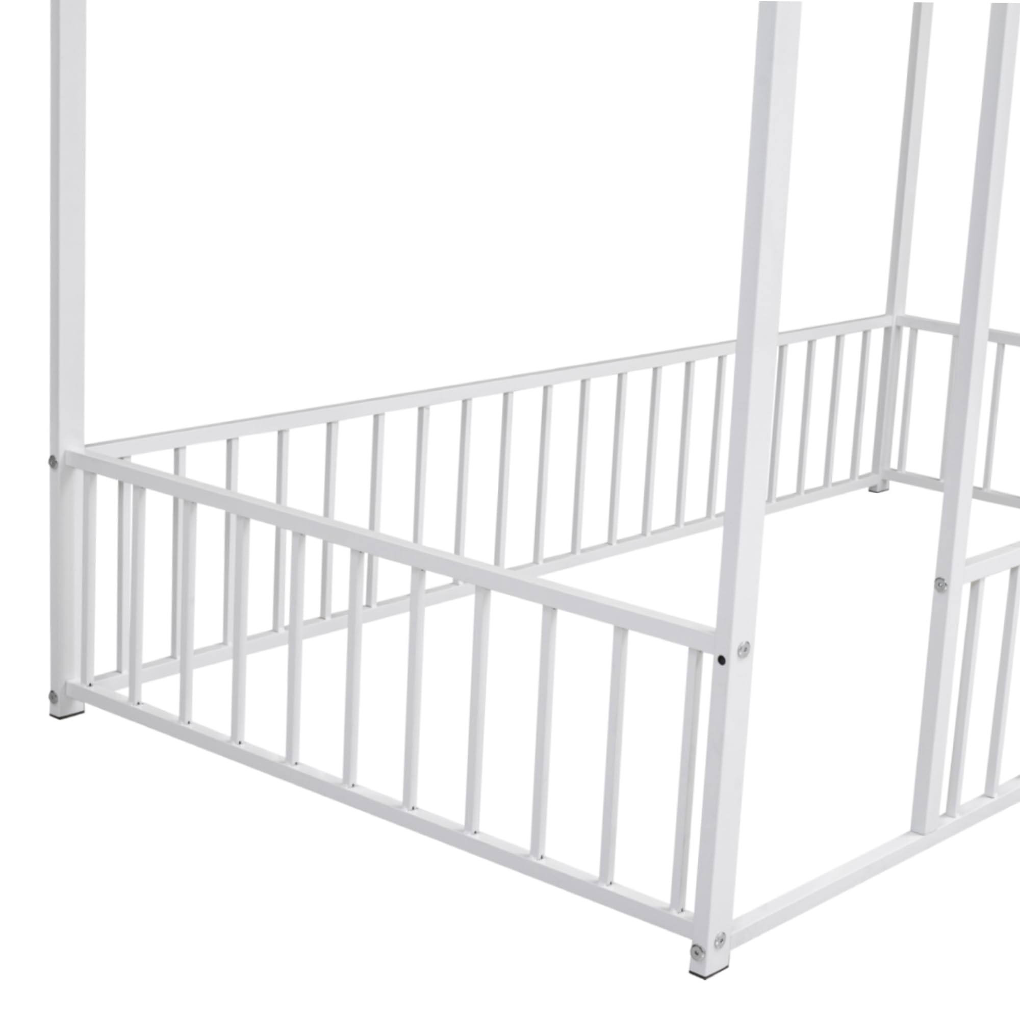 Montessori Twin Size Floor Bed for Kids - White Metal House Bed Frame with Safety Fence | Playhouse Design for Toddlers & Children | Perfect for Bedrooms, Playrooms & Montessori Learning Spaces