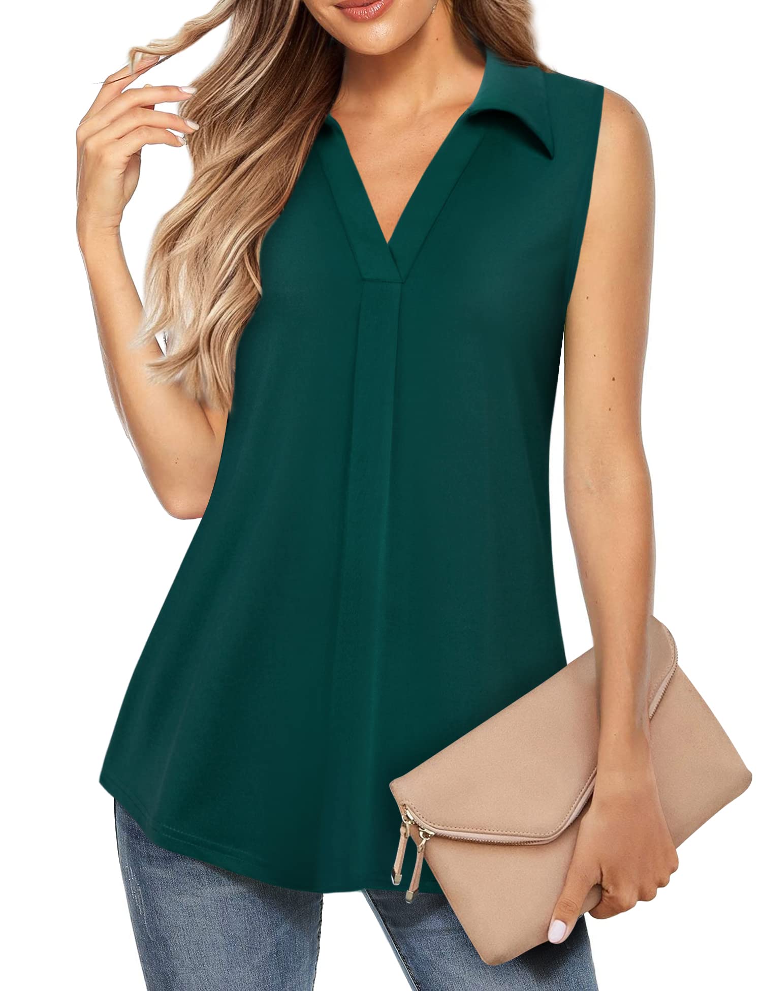 Timeson Women's Collared V-Neck Tunic Top - Sleeveless Blouse Dress Shirt for Business & Office Wear | Professional Work Attire & Casual Camisole | Junior Women's Green Tops for Work, Meetings & Everyday Style