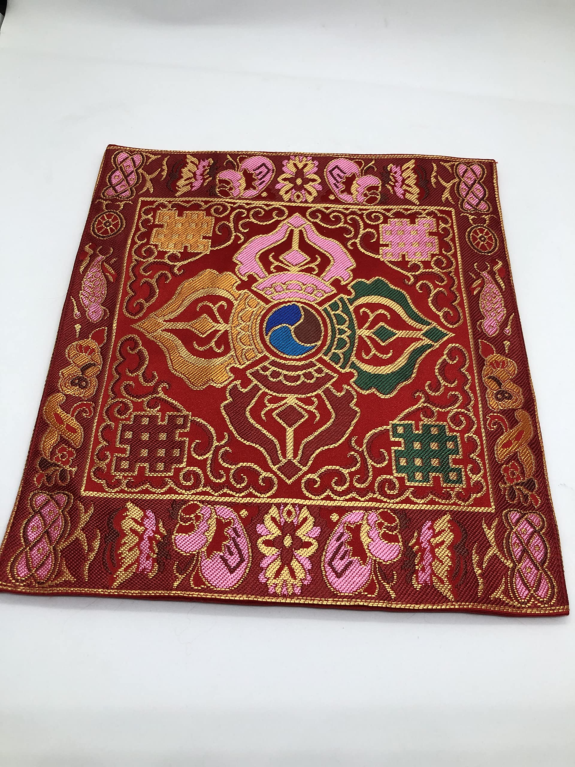 Tibetan Buddhist Red Double Dorje Silk Brocade Altar Cloth - Sacred Table Cover for Meditation, Shrine Decor & Spiritual Ceremonies