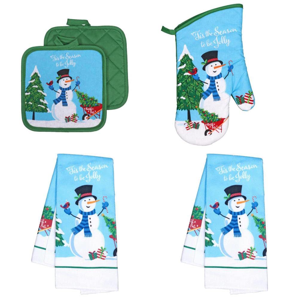 Festive Snowman Christmas Kitchen Linen Set - 2 Dish Towels, 2 Potholders, 1 Oven Mitt - Holiday Home Decor & Cooking Essentials for Baking & Hosting