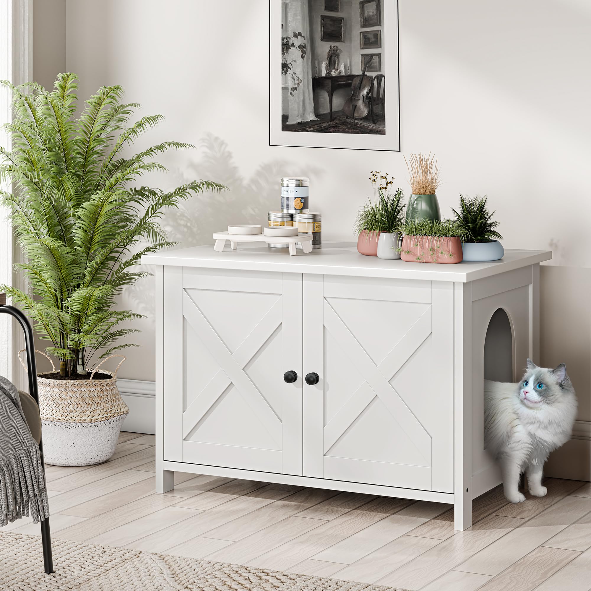 Wooden Cat Litter Box Enclosure with Barn Door - Hidden Litter Box Furniture for Cats, White - Fits Most Litter Boxes | Perfect for Home, Apartment & Pet-Friendly Spaces