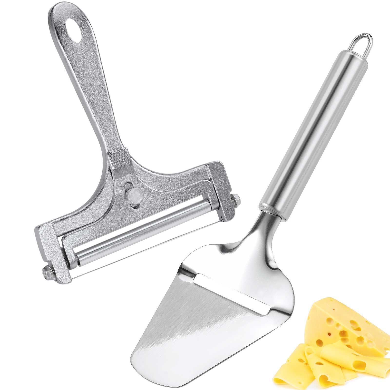 2-Piece Stainless Steel Cheese Slicer Set - Wire Cheese Cutter & Shaver with Non-Stick Blade for Block Cheese, Butter & Food Slicing - Perfect for Kitchen, Charcuterie Boards & Party Platters