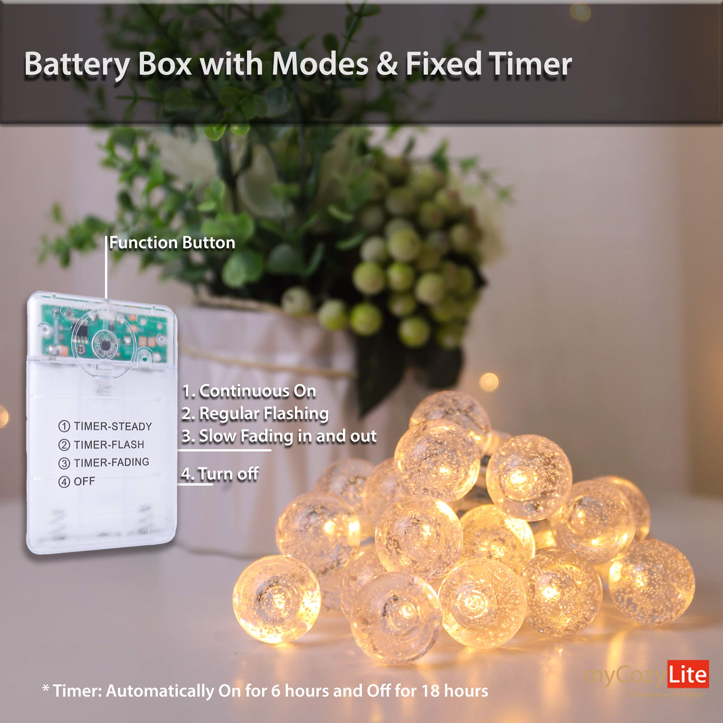myCozyLite Battery Operated LED String Lights - 20 Warm White Crystal Globe Lights with Timer, 10ft Clear Wire for Indoor & Outdoor Decor - Perfect for Bedroom, Wedding, Party, Garden, Patio, Balcony