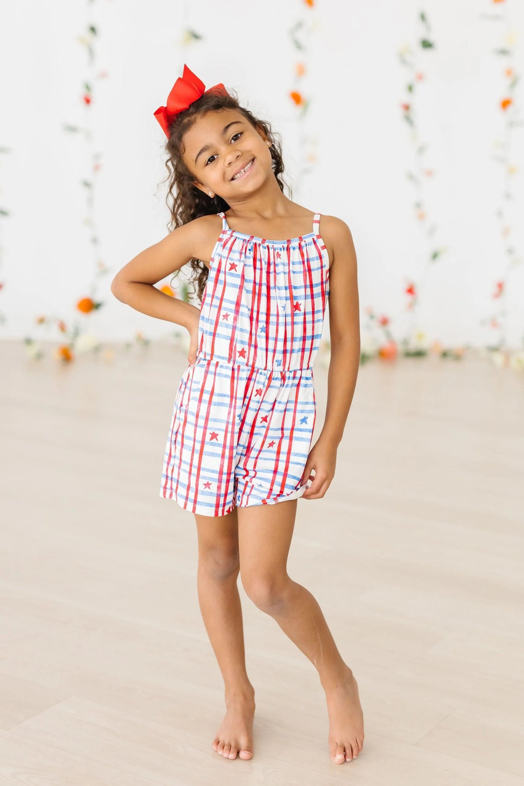 Patriotic Plaid Strappy Play Romper for Baby Girls | Cute & Comfortable Summer Outfit | Perfect for Playdates, Holidays & Photo Shoots