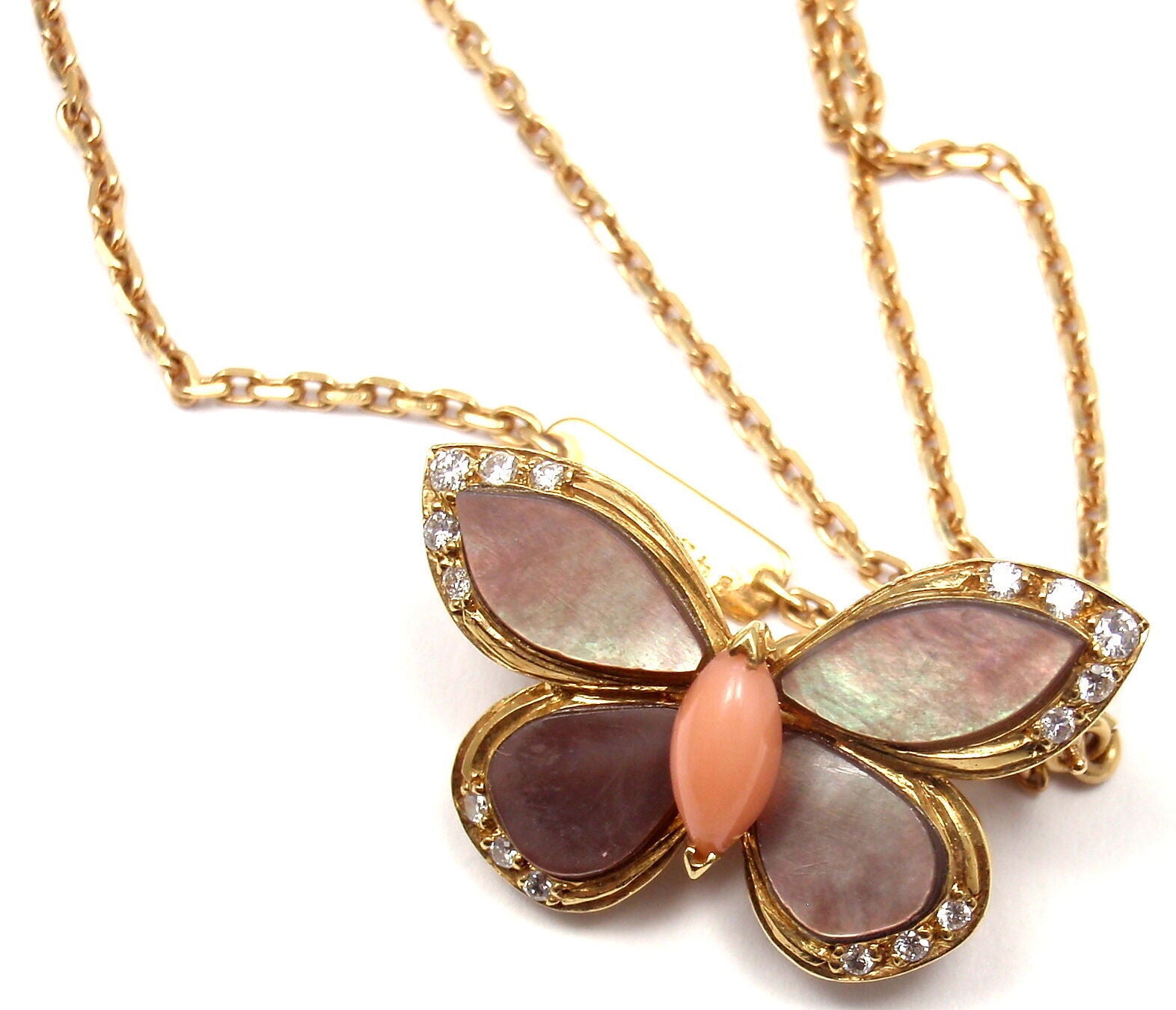 VAN CLEEF & ARPELS 18k Yellow Gold Diamond Mother of Pearl Coral Butterfly Brooch Necklace - Elegant Jewelry for Weddings, Parties & Special Occasions