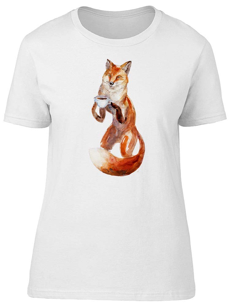 Red Fox with A Cup of Coffee T-Shirt for Women - Cute Animal Graphic Tee - Casual Comfort Fit Cotton Top - Perfect for Coffee Lovers, Weekend Outings & Relaxing at Home