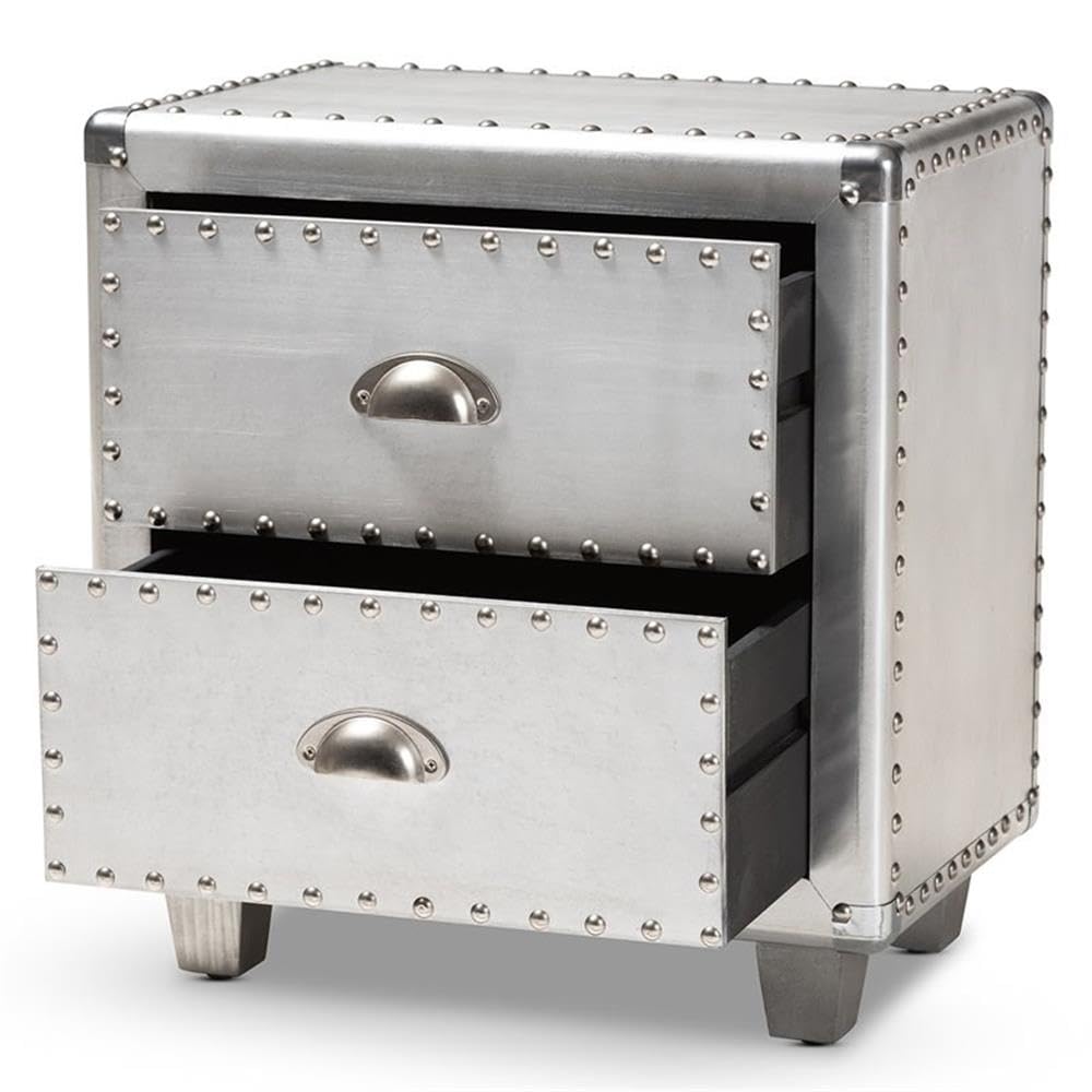 BOWERY HILL Modern 2-Drawer Silver Metal Nightstand - Sleek Bedside Table for Bedroom, Living Room & Office Storage