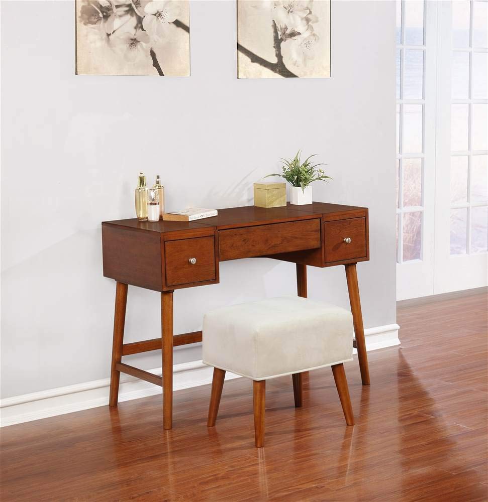 Linon Viola Vanity Set with Mirror - Walnut Finish, Modern Dressing Table for Bedroom & Bathroom, Perfect for Makeup & Skincare Organization