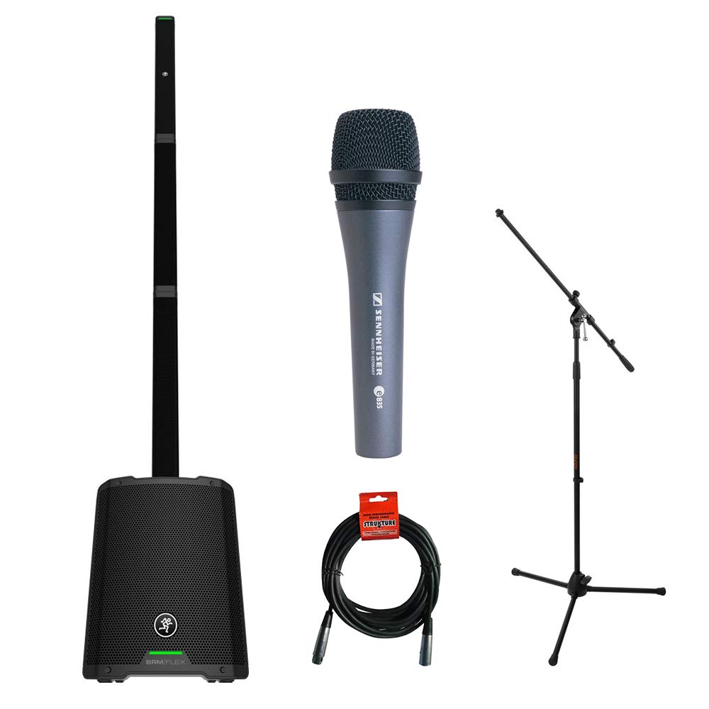 Mackie SRM-FLEX 1300W Portable Column PA System with Sennheiser e835 Mic, Tripod Stand & XLR Cable - Perfect for Live Performances, Outdoor Events & DJ Gigs