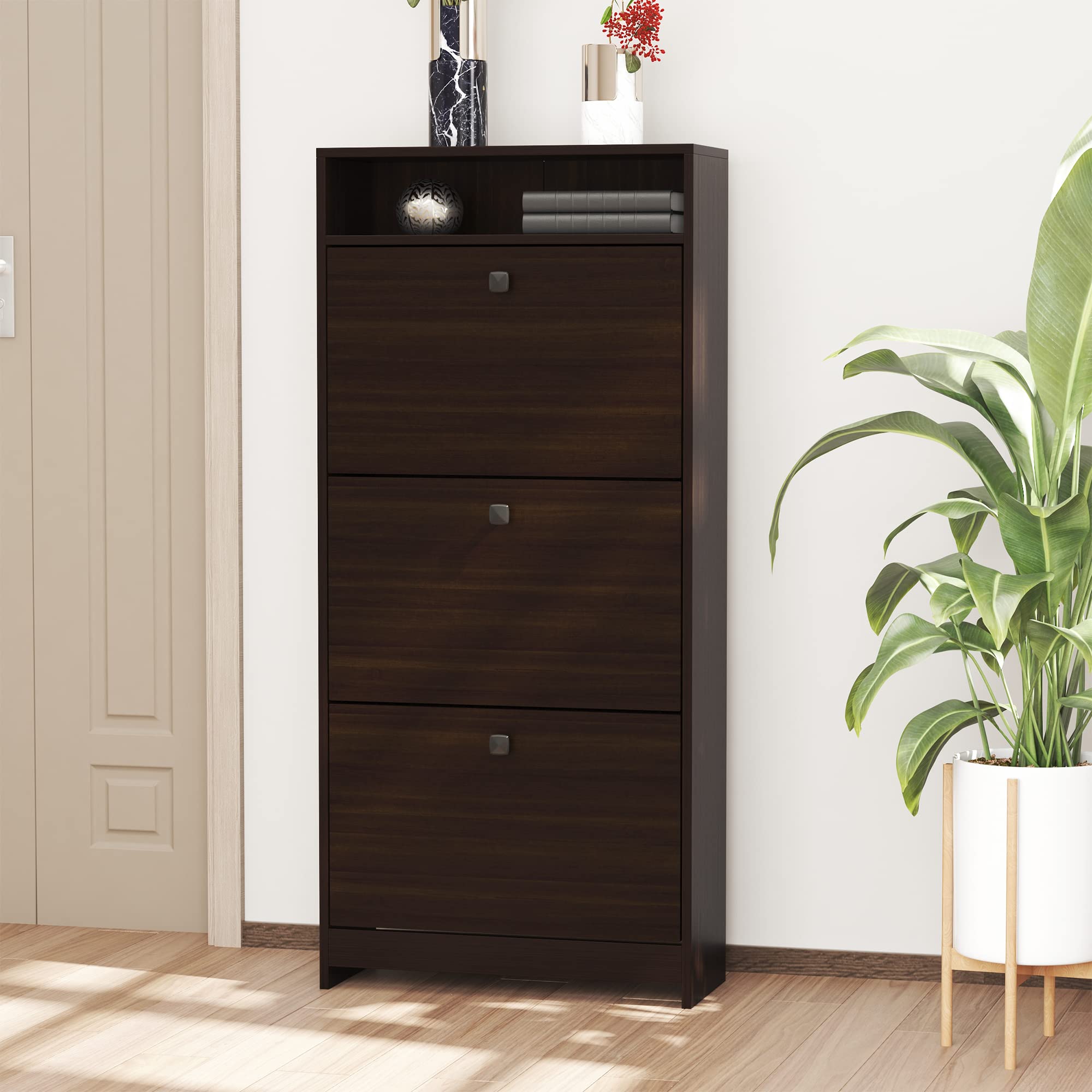 HOMCOM Slim Shoe Storage Cabinet with 3 Large Fold-Out Drawers & Spacious Top Surface - Modern Espresso Shoe Organizer for Entryway, Closet, or Bedroom - Perfect for Small Space Shoe Storage & Home Organization