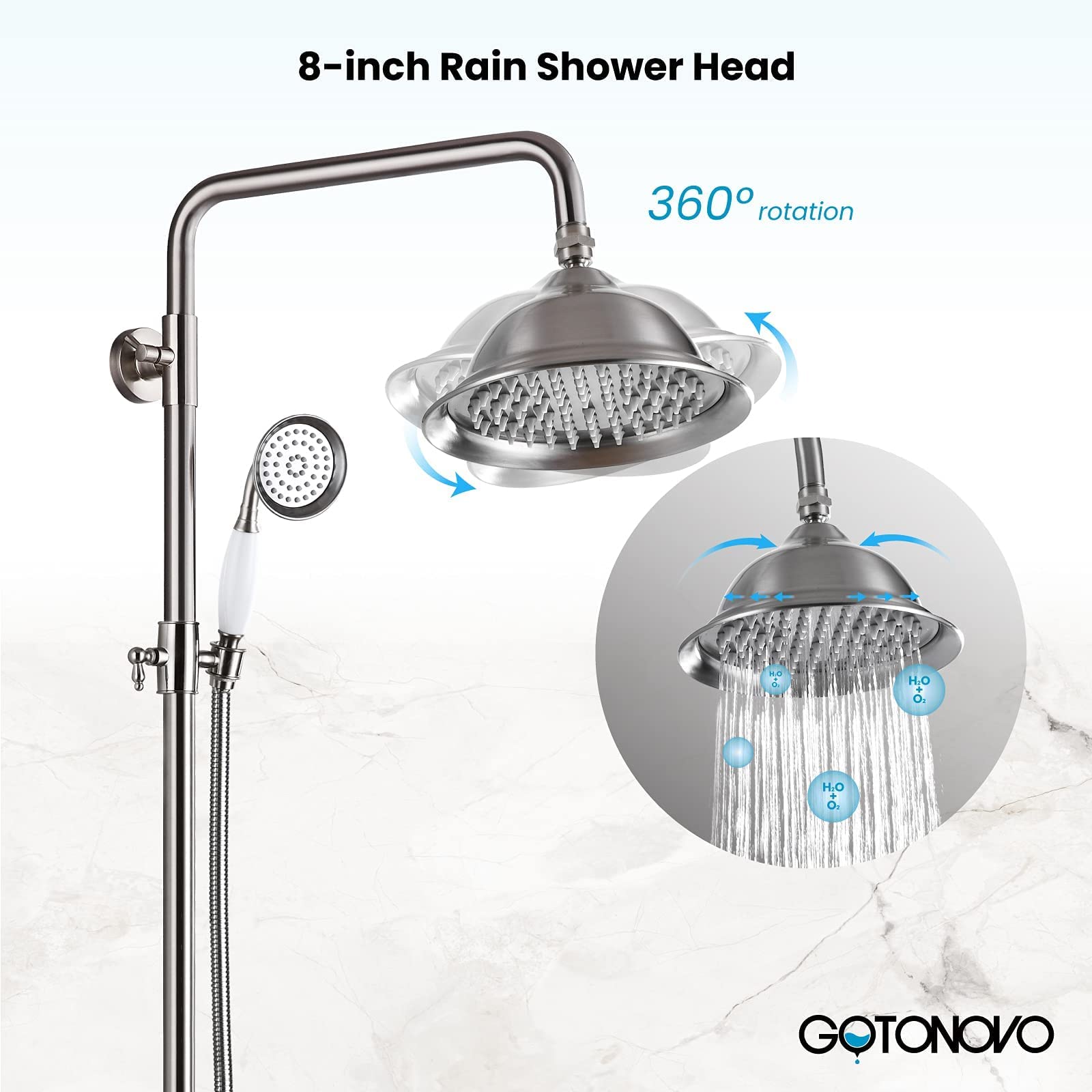 Gotonovo 8 Inch Brushed Nickel Shower Faucet Set - Rainfall Shower Head with Double Cross Handle & Handheld Spray - Wall Mount Bathroom Shower System for Luxurious Spa Experience at Home