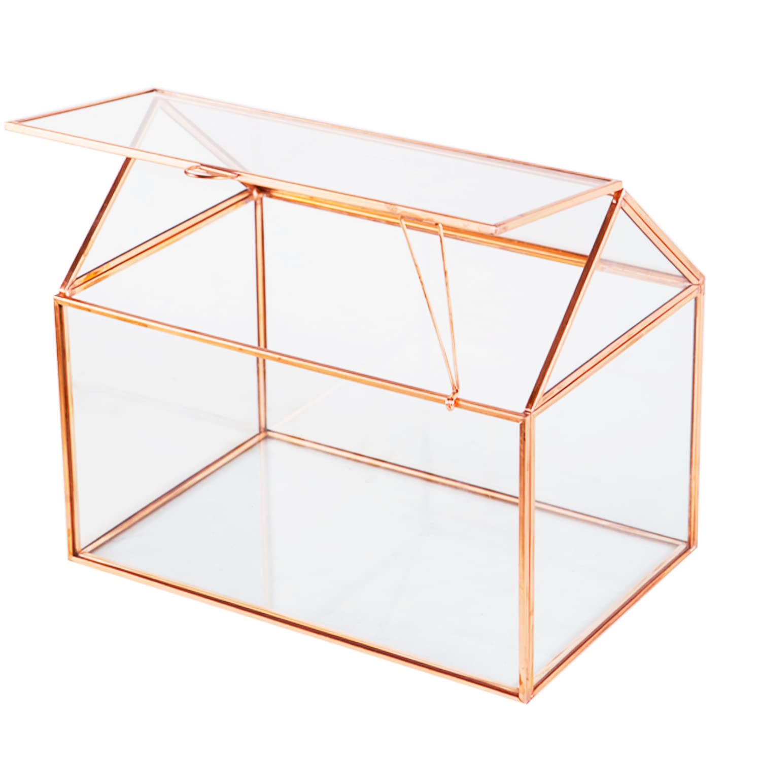 Rose Gold Geometric Glass Terrarium with Swing Lid - House Shape Tabletop Planter for Succulents, Air Plants, Moss & Ferns - Perfect for Home Decor, Office Desk & Reptile Habitat