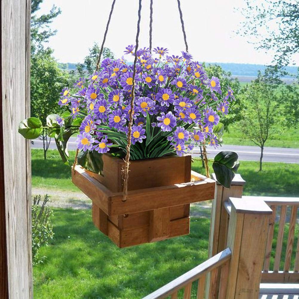 GREENRAIN 24 Bundles Artificial Daisy Flowers - UV Resistant Faux Plastic Flowers for Outdoor Garden, Porch, Window Box Decor - No Fade Purple Fake Flowers for Home, Wedding, Party Decoration